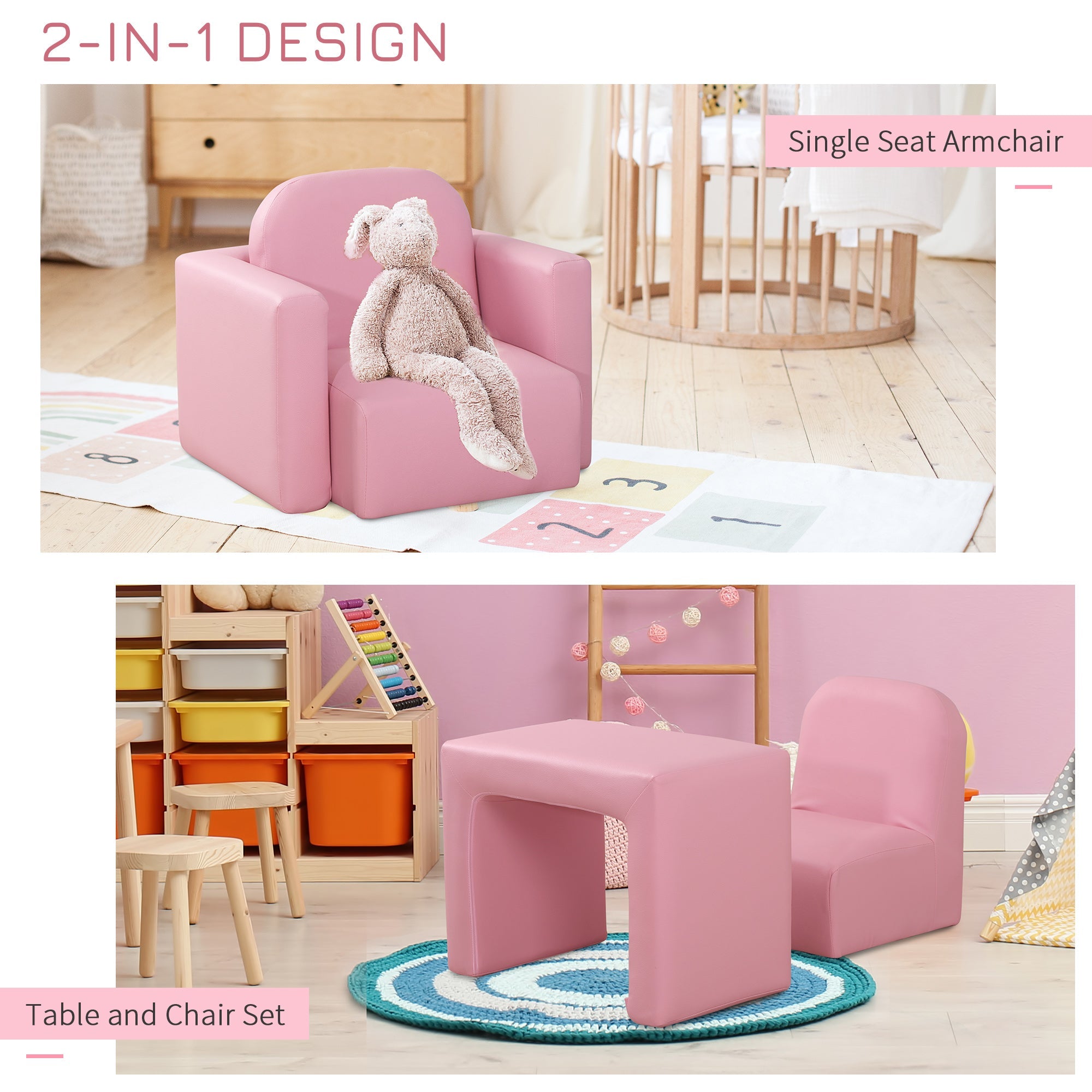 2 In 1 Toddler Sofa Chair, 48 x 44 x 41 cm, for Game Relax Playroom, Pink-3