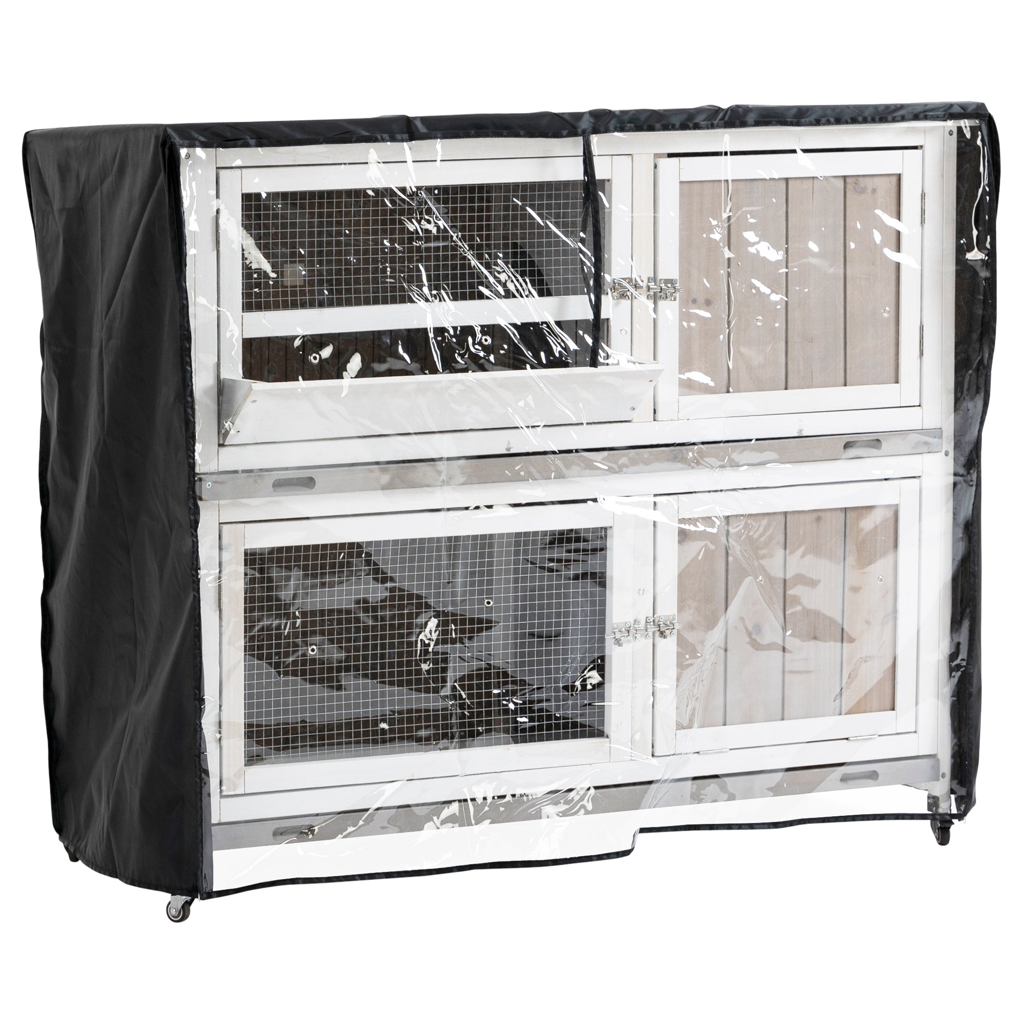 Wooden Rabbit Hutch Two-Tier Guinea Pig Cage Elevated Multi-Door Pet House Bunny Cage w/ Rain Cover, Wheels, Slide-Out Tray, Grey-0