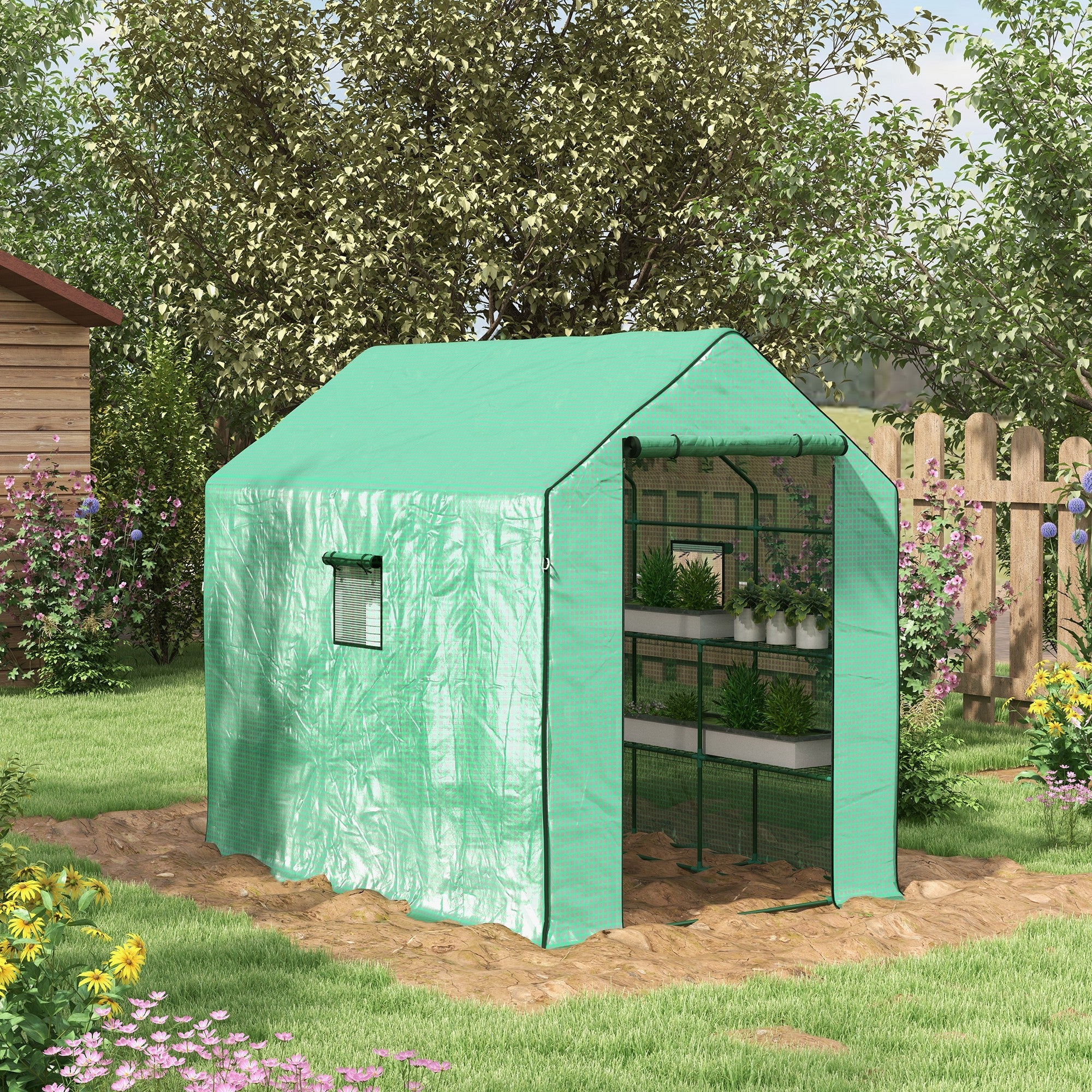 Walk-in Greenhouse w/ 3 Tier Shelves, Green House Garden Grow House w/ PE Cover, Roll-up Door, Mesh Windows, 140 x 213 x 190cm, Green-1