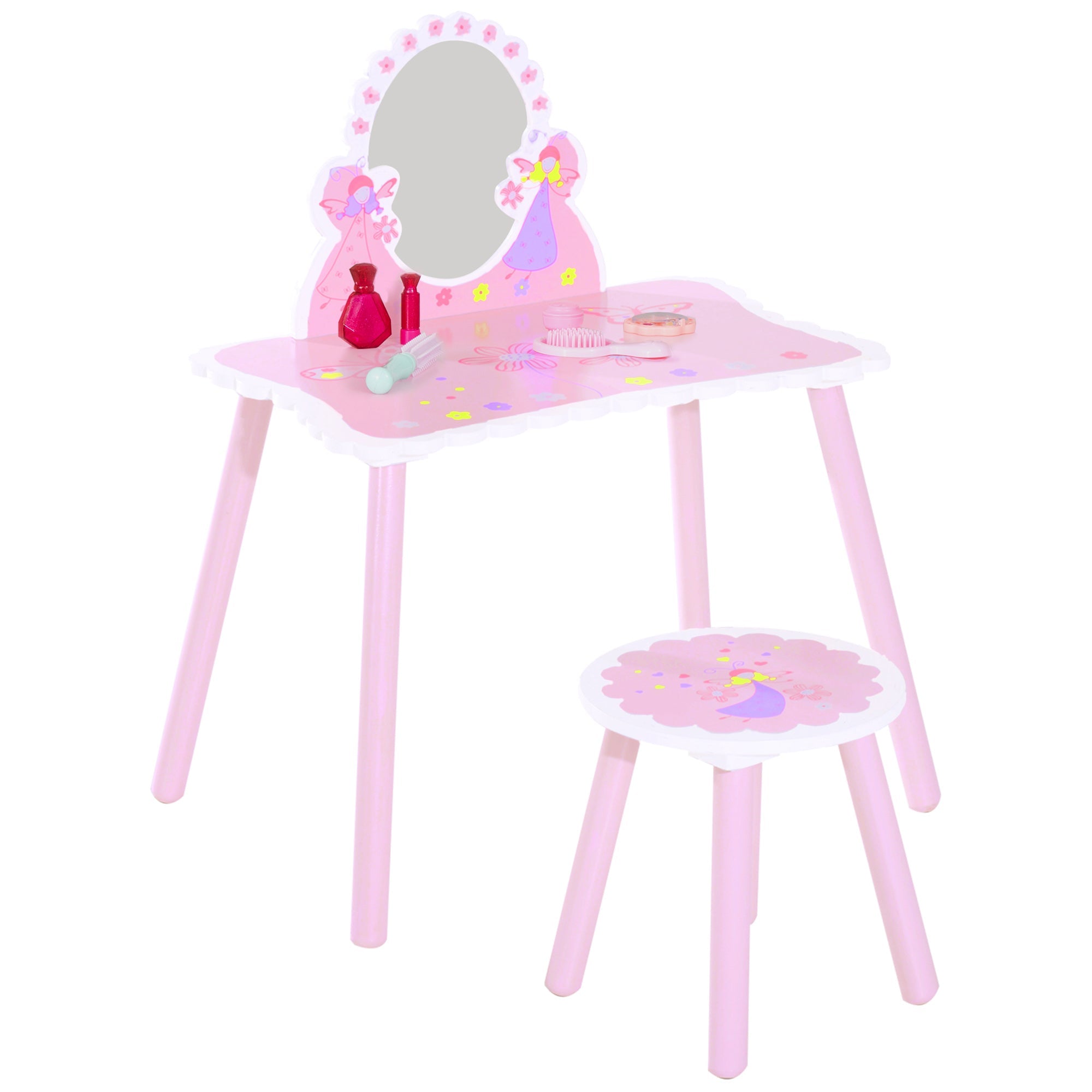 Kids Dressing Table Girls Pink Wooden Kids Dressing Table & Stool Make Up Desk Chair Toys Fairy Dresser Play Set w/Mirror-0