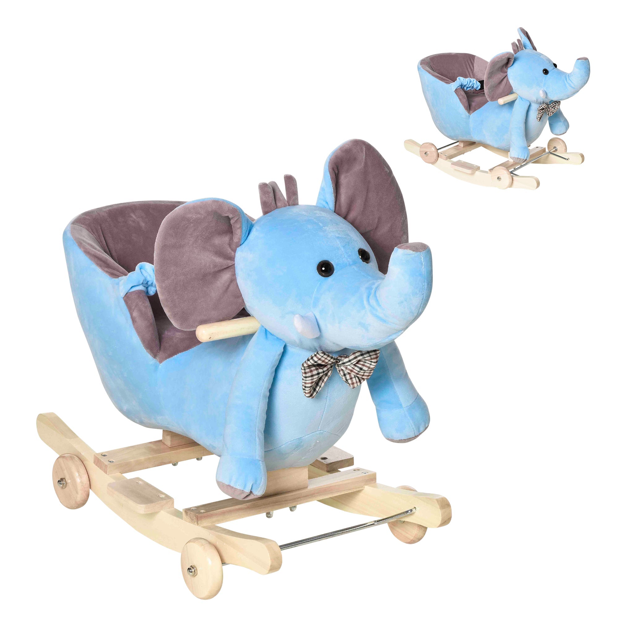 2 In 1 Plush Baby Ride on Rocking Horse Elephant Rocker with Wheels Wooden Toy for Kids 32 Songs (Blue)-0