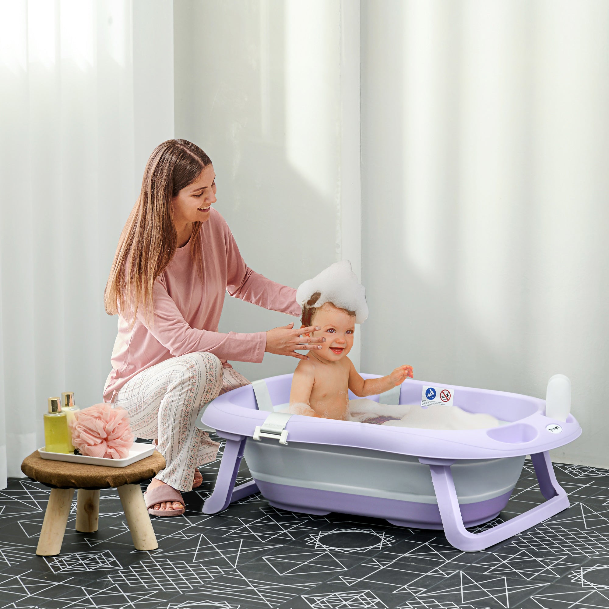 Foldable Baby Bath Tub, Bath Tub with Non-Slip Support, Cushion Pad, Drain Plugs, Shower Head Holder, for Newborn to 6 Years - Purple-1