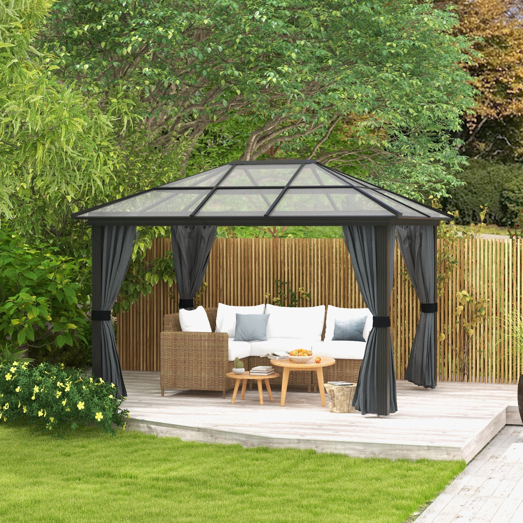 3 x 3.6m Hardtop Gazebo with UV Resistant Polycarbonate Roof and Aluminium Frame, Garden Pavilion with Mosquito Netting and Curtains-1