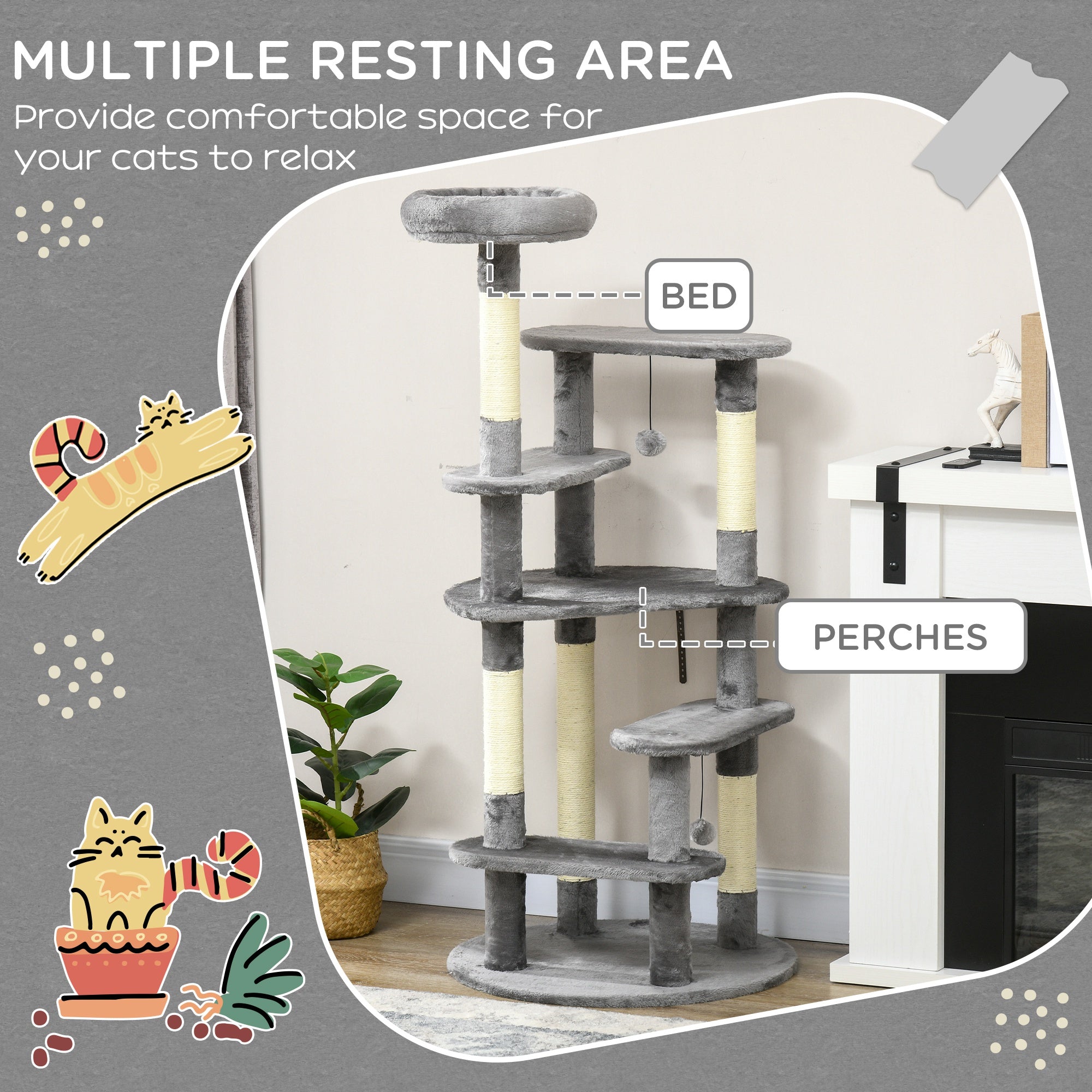 136cm Cat Tree for Indoor Cats, Modern Cat Tower with Scratching Posts, Bed, Toy Ball - Grey-3