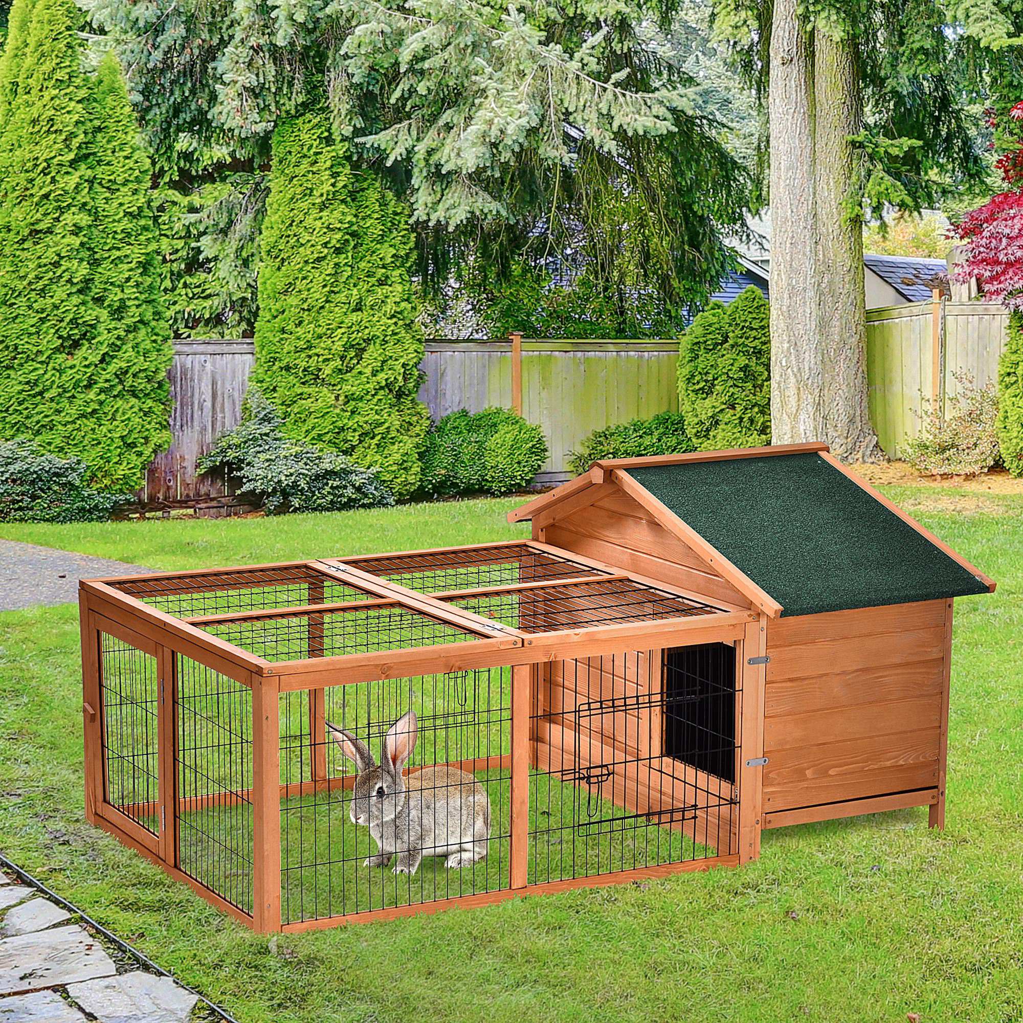 Wooden Rabbit Hutch Outdoor, Guinea Pig Hutch, Detachable Rabbit Cage w/Openable Run & Roof Lockable Door Slide-out Tray Golden Red-1