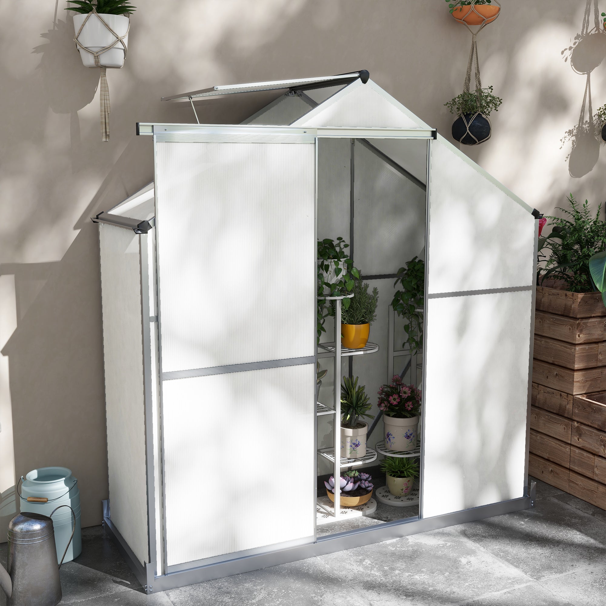 6 x 2.5ft Polycarbonate Greenhouse Walk-In Green House with Rain Gutter, Sliding Door, Window, Foundation, Silver-1