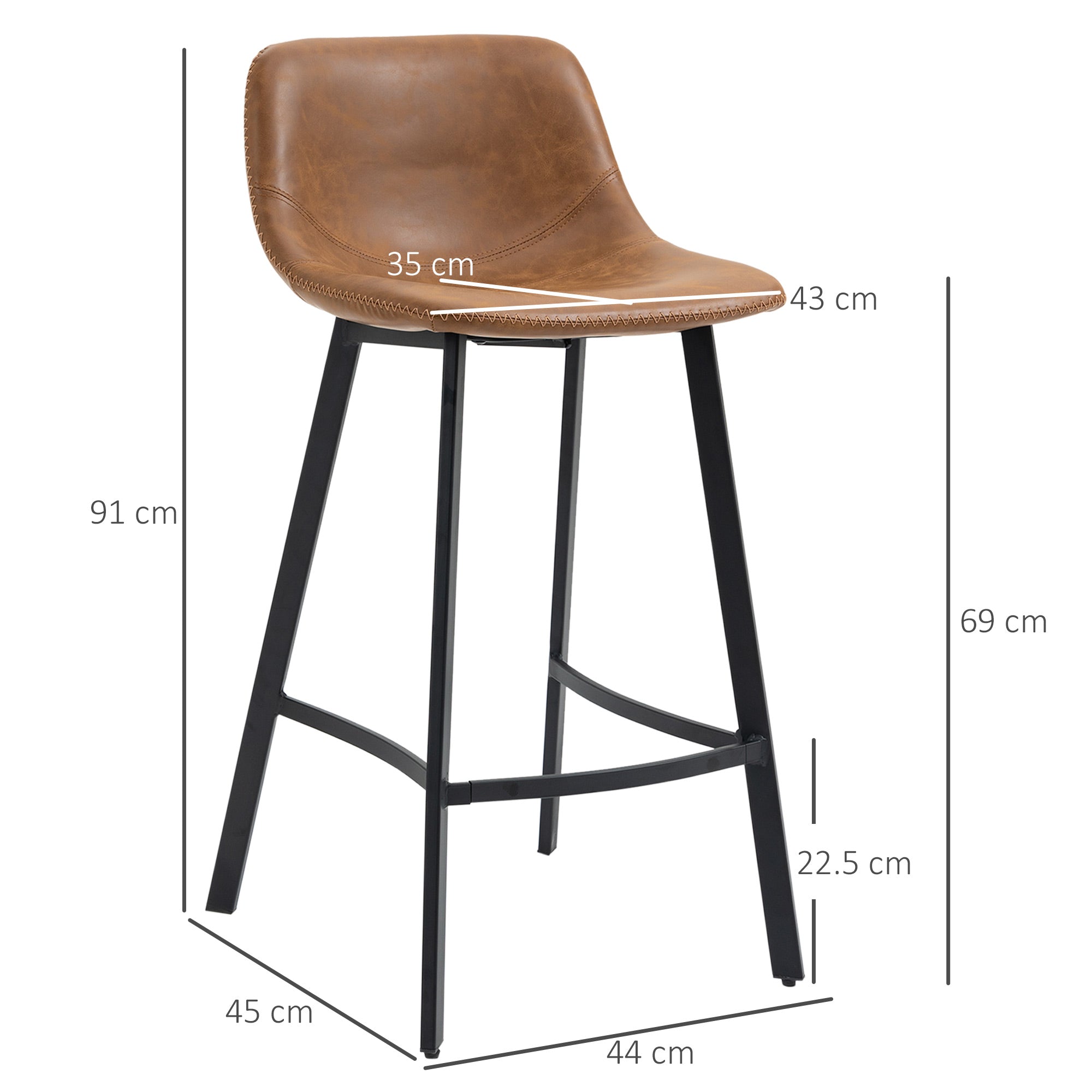 Bar Stools Set of 2, Industrial Kitchen Stool, Upholstered Bar Chairs with Back, Steel Legs, Brown-2