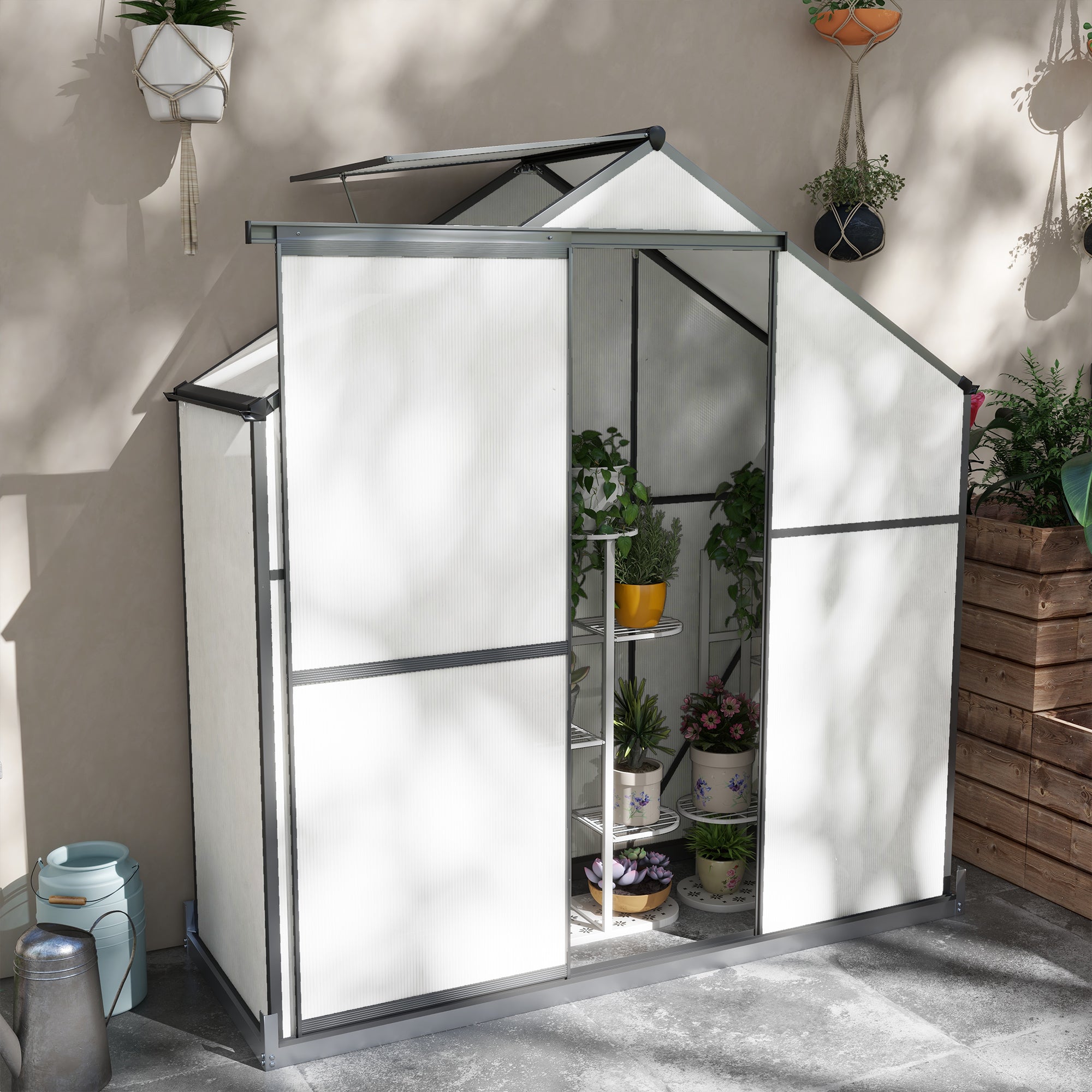 6 x 2.5ft Polycarbonate Greenhouse Walk-In Green House with Rain Gutter, Sliding Door, Window, Foundation, Dark Grey-1