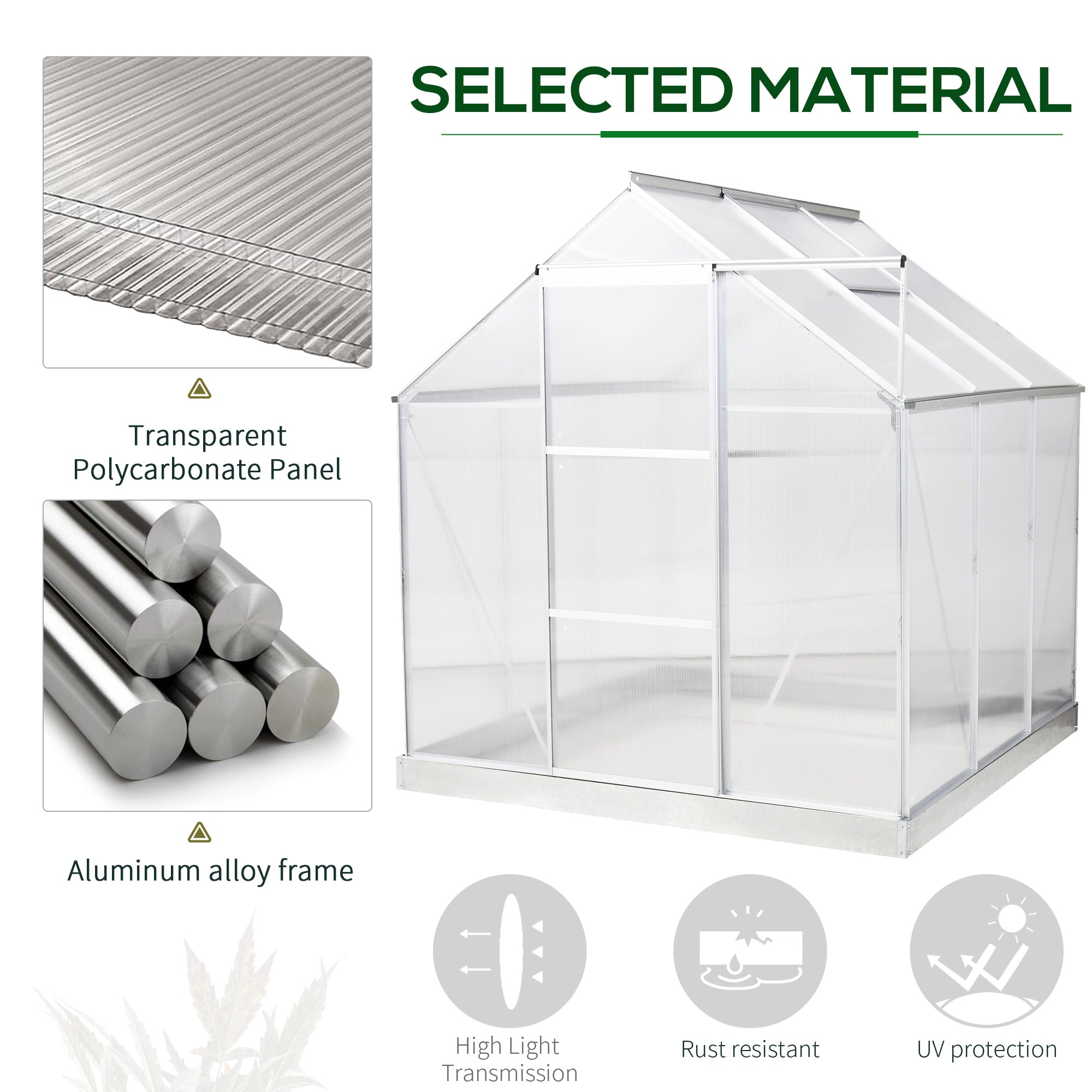 6 x 6 ft Walk-In Greenhouse Polycarbonate Lean to Greenhouse Grow House w/ Aluminium Frame, Sliding Door, Adjustable Window-4