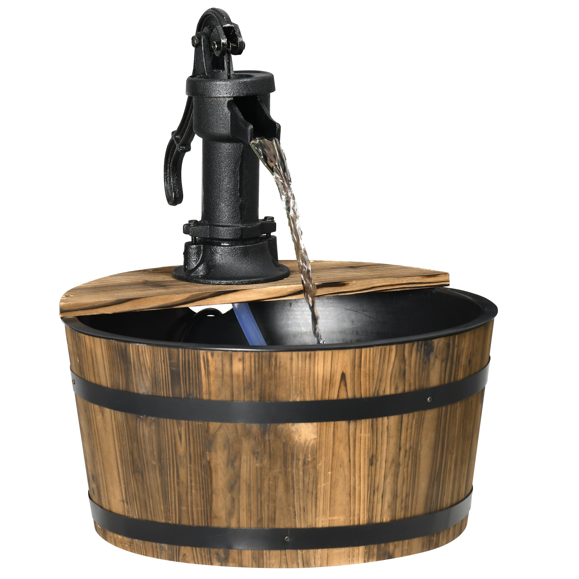 1 Tier Wooden Barrel Water Fountain Outdoor Garden Decorative Water Feature w/ Electric Pump-0