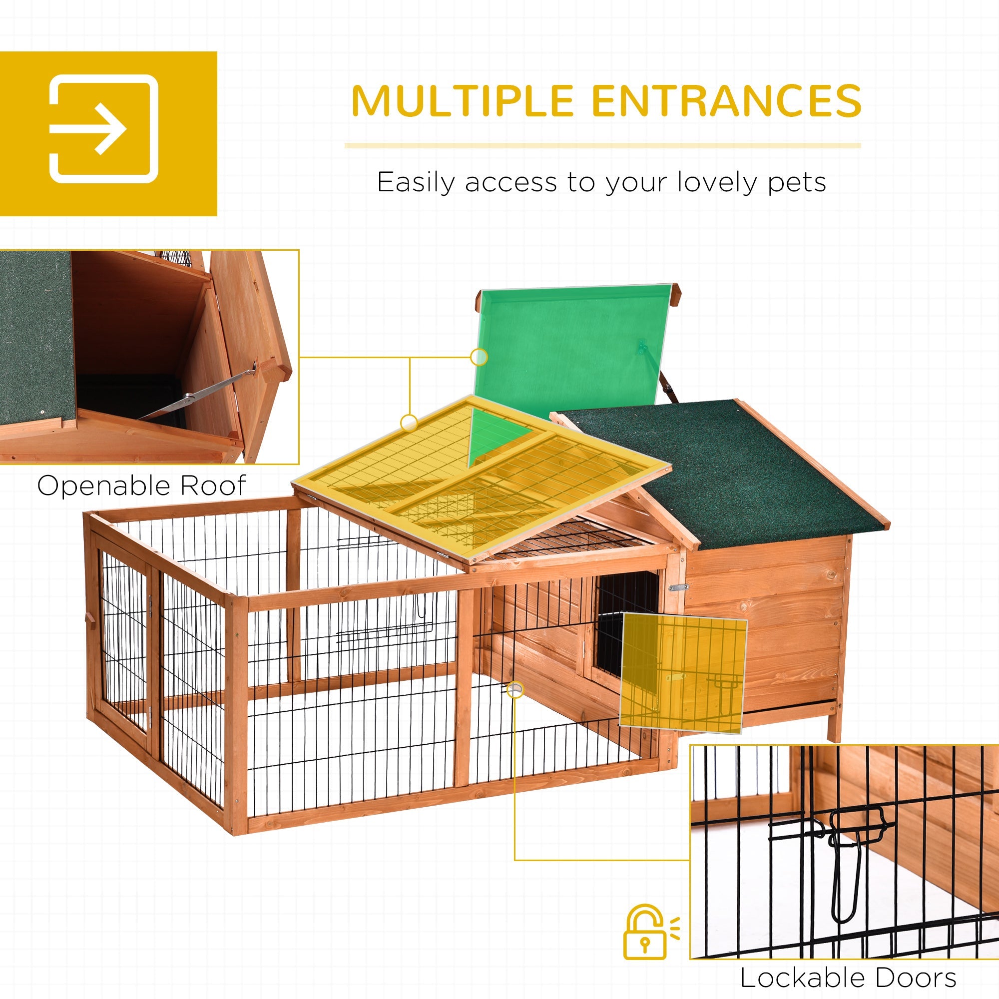 Wooden Rabbit Hutch Outdoor, Guinea Pig Hutch, Detachable Rabbit Cage w/Openable Run & Roof Lockable Door Slide-out Tray Golden Red-4