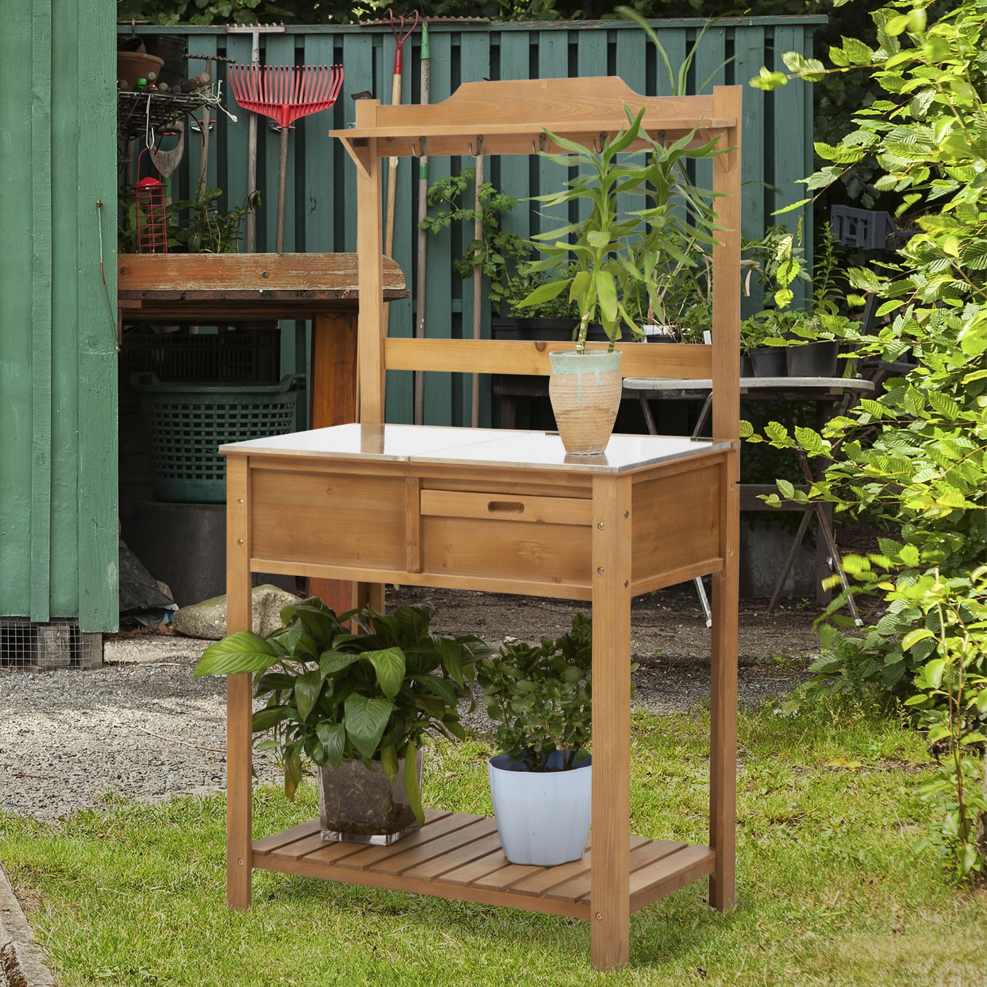 Wooden Spacious Garden Potting Table with Large Storage Space Galvanized Metal Workstation Sink Shelves 80L x 42W x 142H cm-1