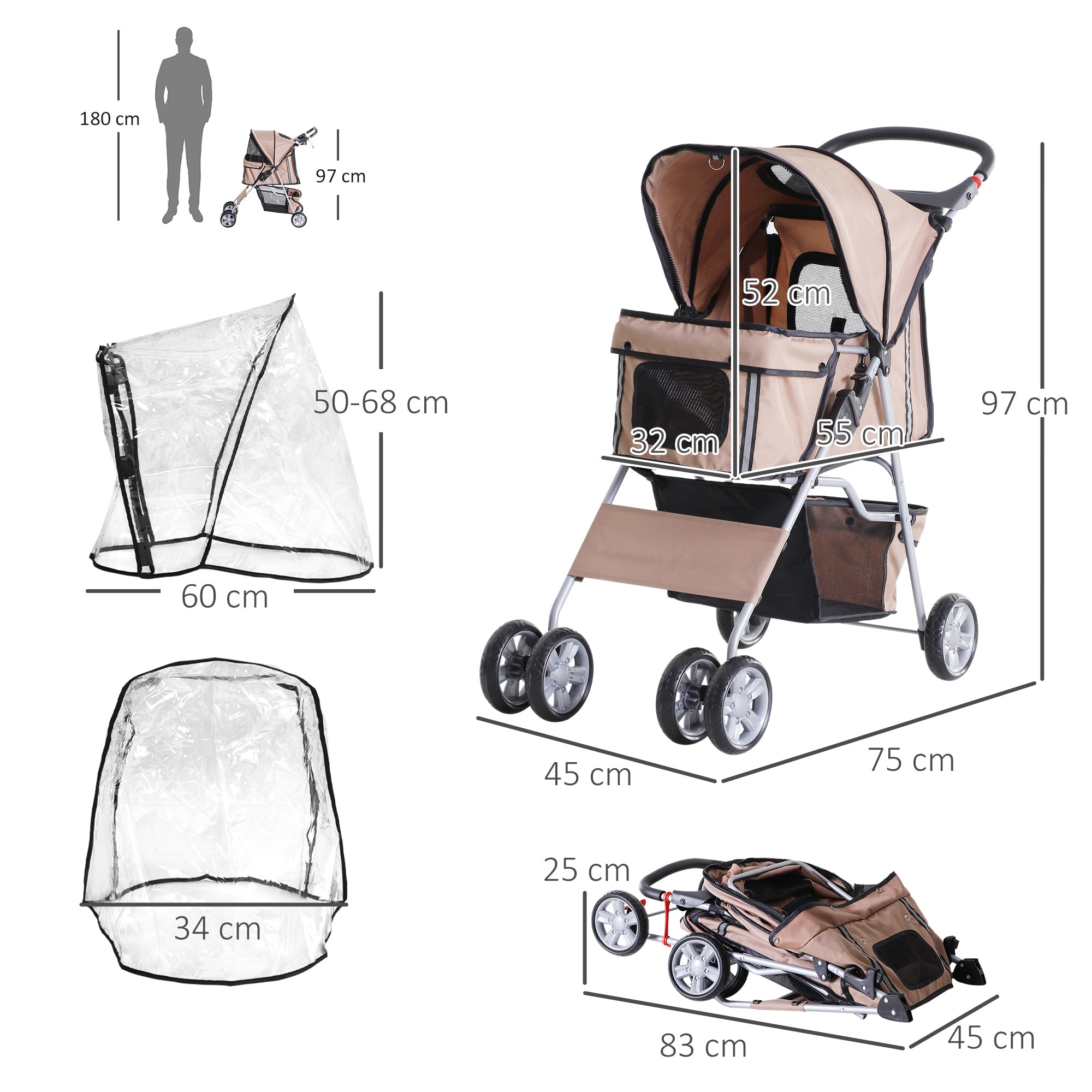 Dog Stroller with Rain Cover for Small Miniature Dogs, Folding Pet Pram with Cup Holder, Storage Basket, Reflective Strips, Brown-2