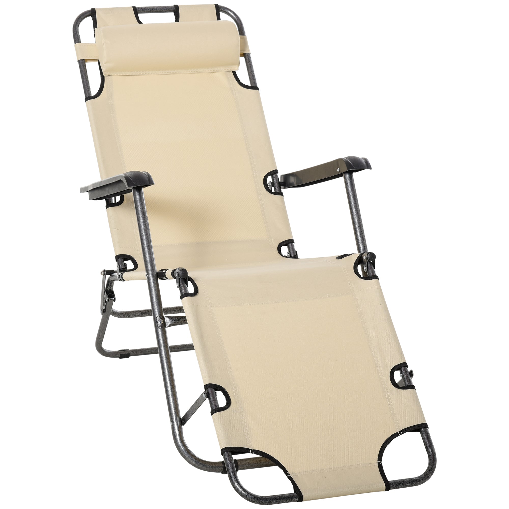 2 in 1 Sun Lounger Folding Reclining Chair Garden Outdoor Camping Adjustable Back with Pillow Beige-0