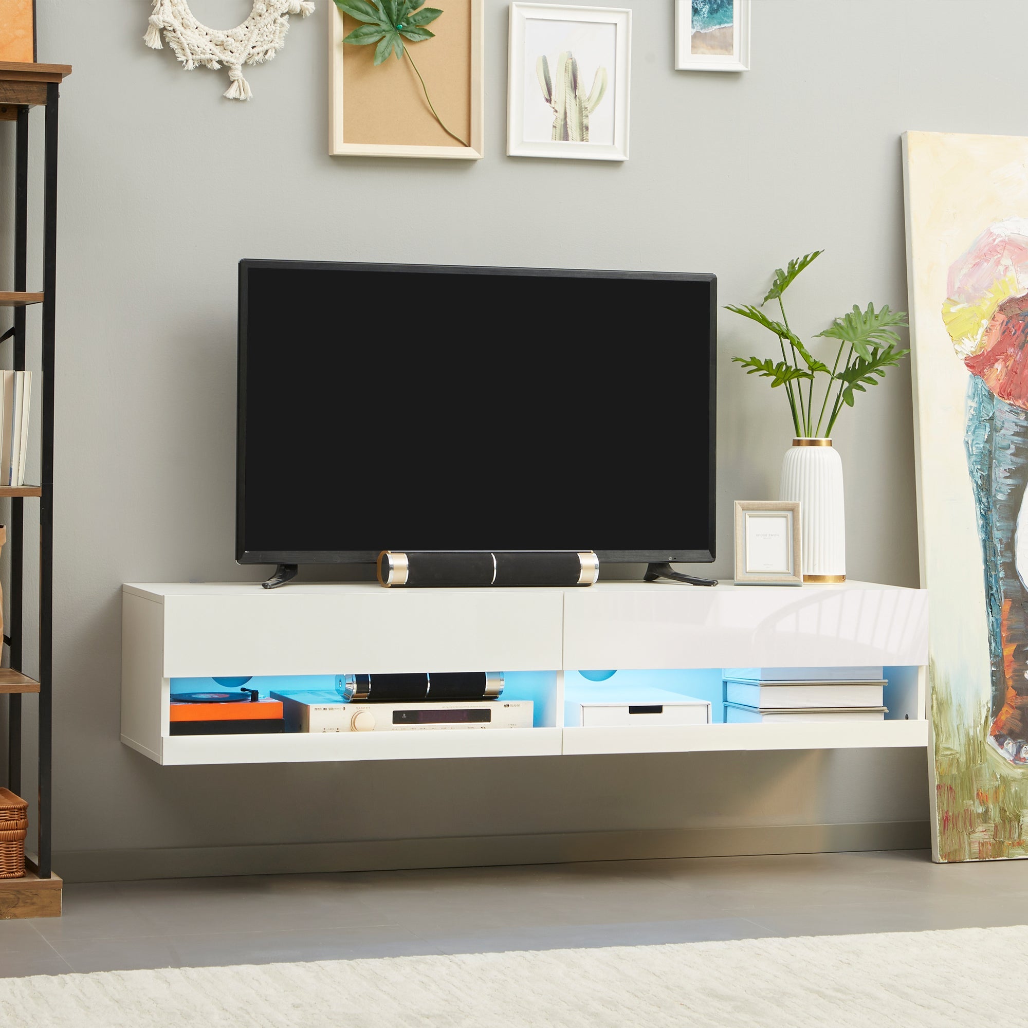 Wall Mounted TV Unit Cabinet for TVs up to 65" with LED Lights, 150 x 40 x 30cm, High Gloss White-1