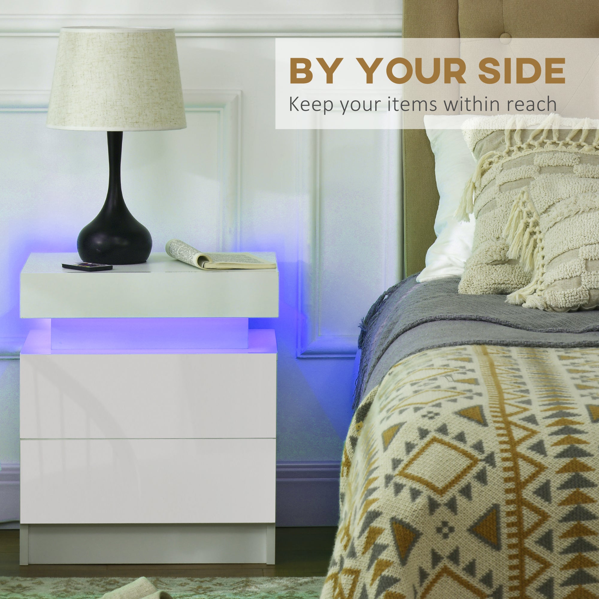 White Bedside Table with LED Light, High Gloss Front Nightstand with 2 Drawers, for Living Room, Bedroom-4