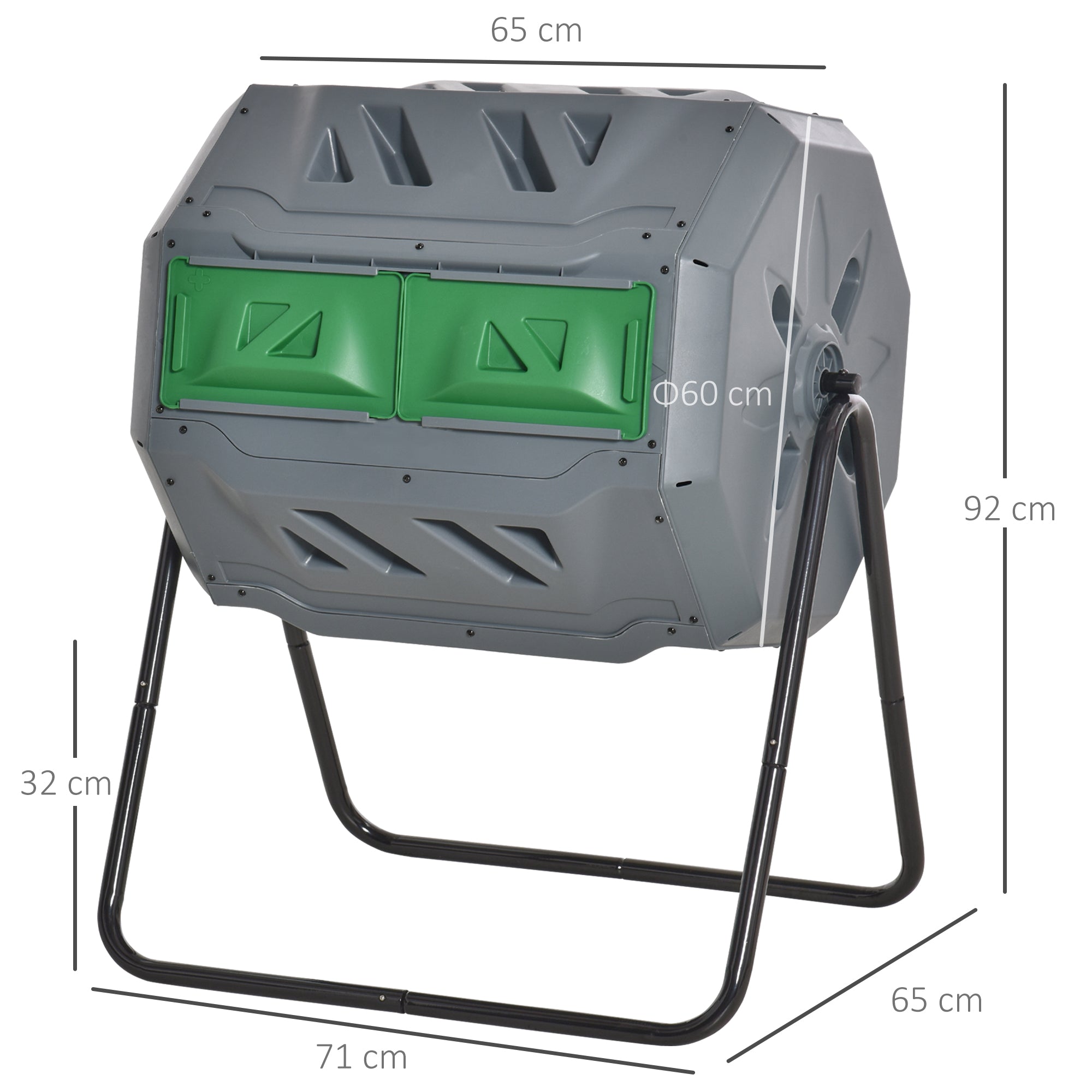 160L Tumbling Compost Bin Outdoor Dual Chamber 360° Rotating Composter w/ Sliding Doors & Solid Steel Frame, Grey-2