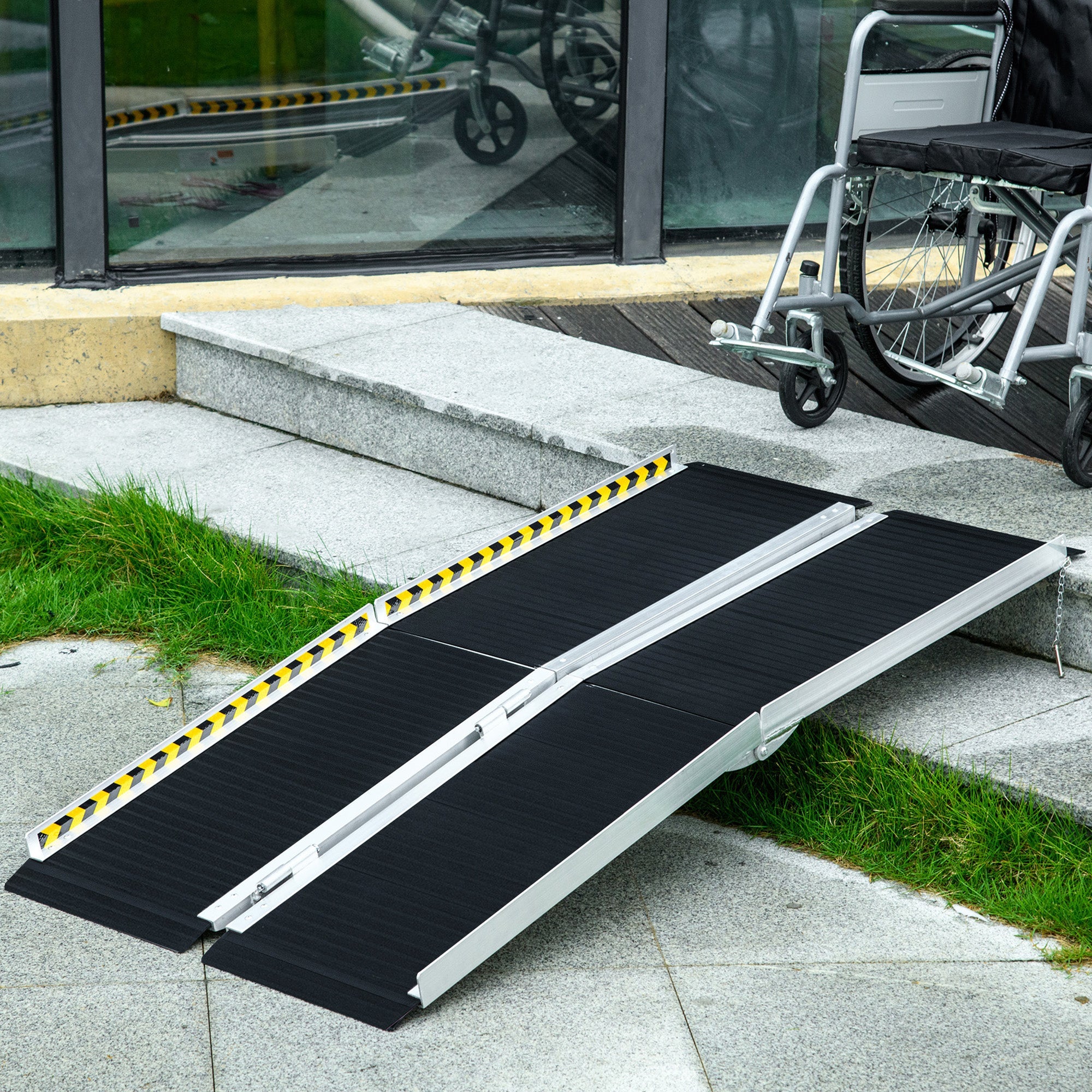 Wheelchair Ramp, 152L x 73Wcm, 272KG Capacity, Folding Aluminium Threshold Ramp w/ Non-Skid Surface, Transition Plates Above & Below for Steps-1