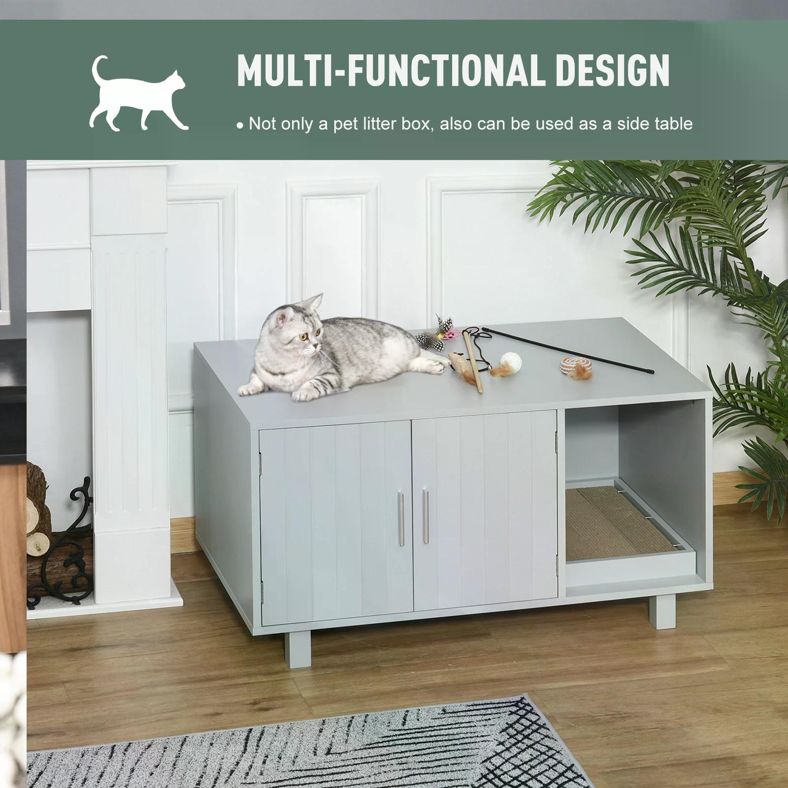 Wooden Cat Litter Box Enclosure & House with Nightstand/End Table Design, Scratcher, & Magnetic Doors, Grey-3