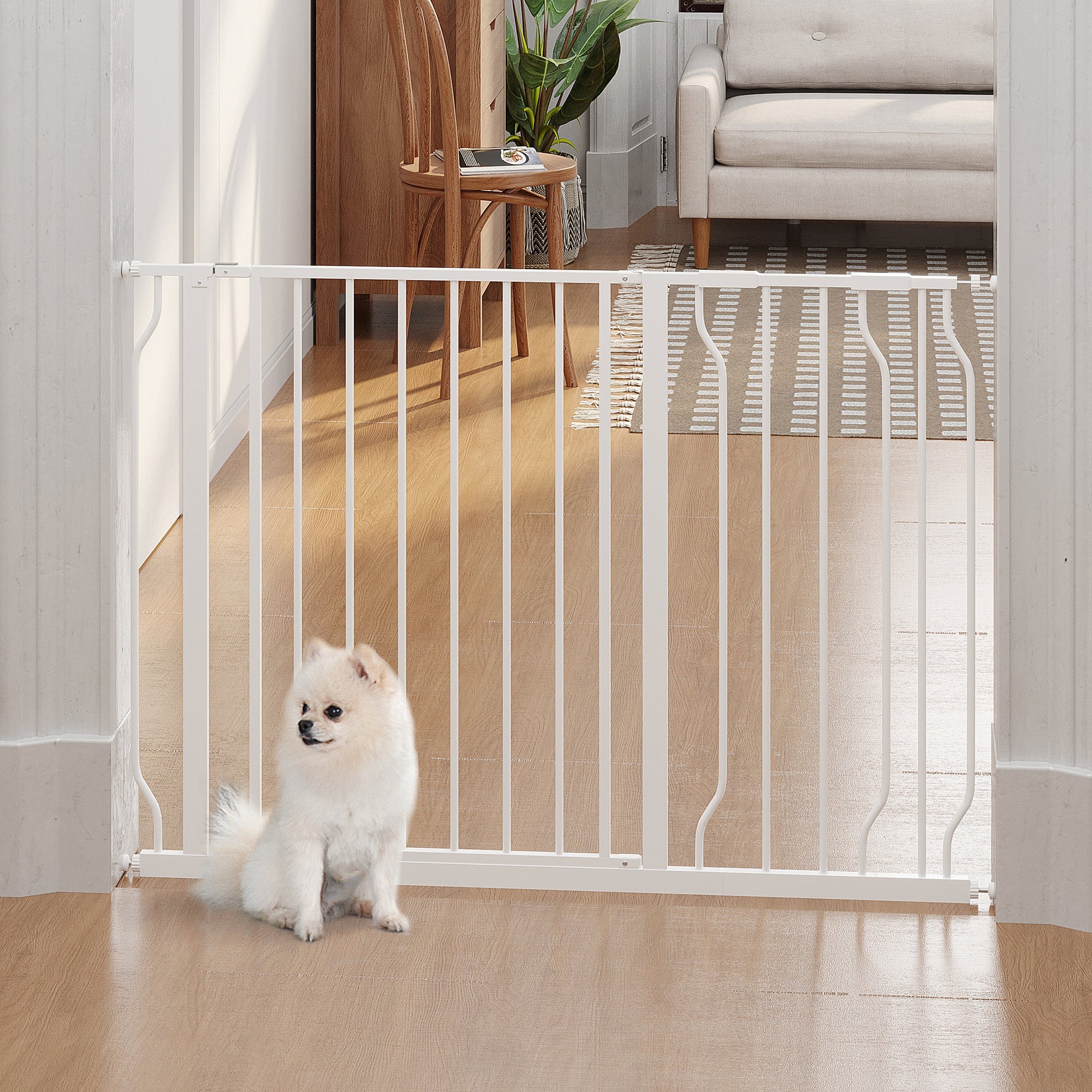 Expandable Dog Gate with Door pressure,75-115cm Doorway Pet Barrier Fence for Hallways, Staircases, White-1