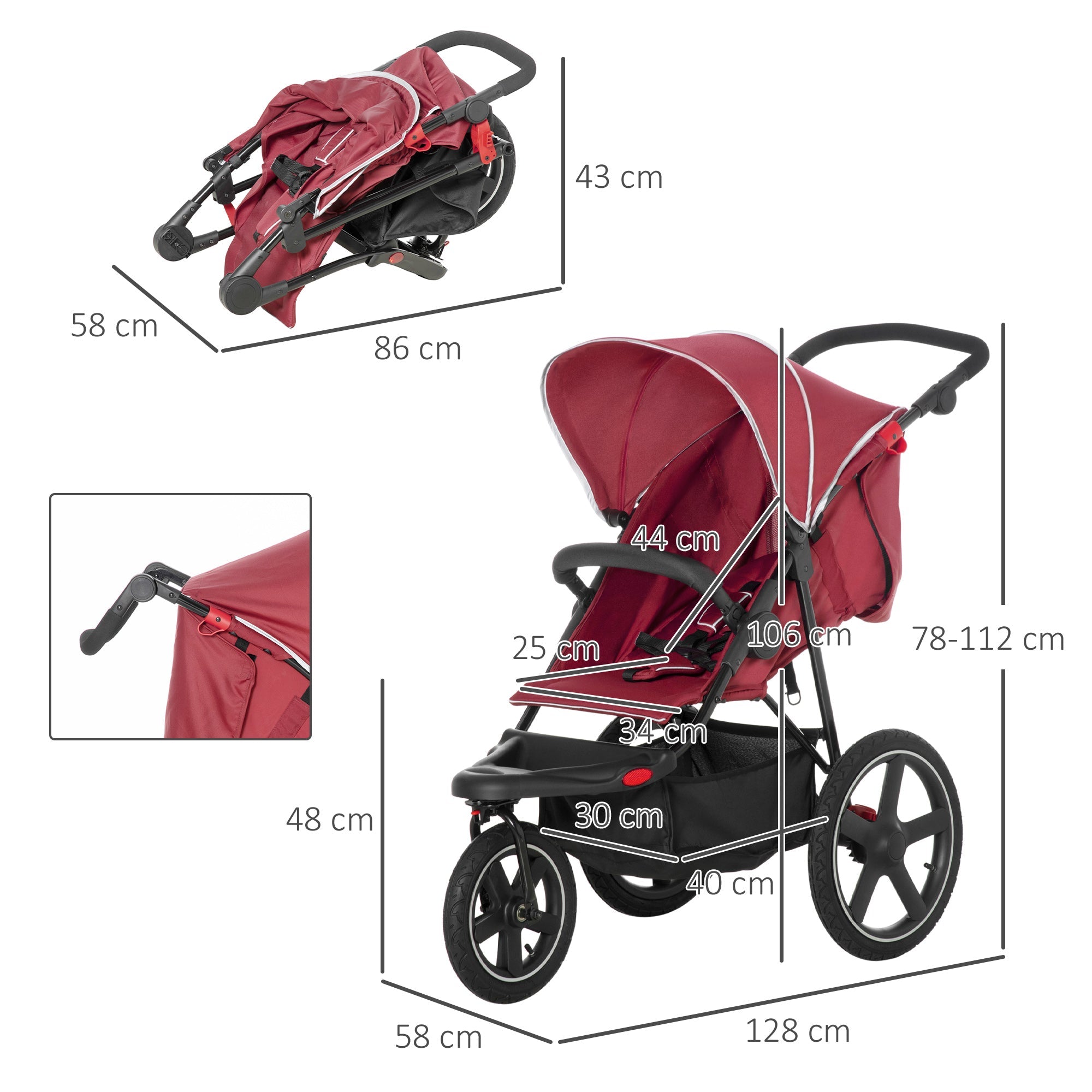 Foldable Three-Wheeler Baby Stroller w/ Canopy, Storage Basket - Red-2