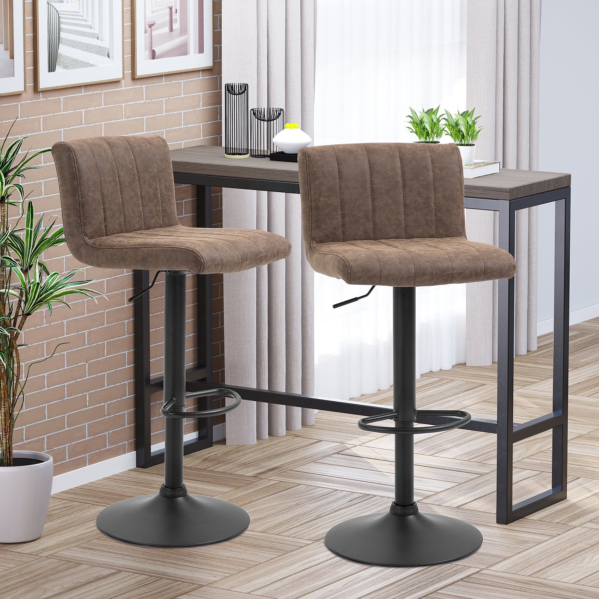 Barstools Set of 2 Adjustable Height Swivel Gas Lift PU Leather Counter Bar Chairs with Footrest, Brown-1