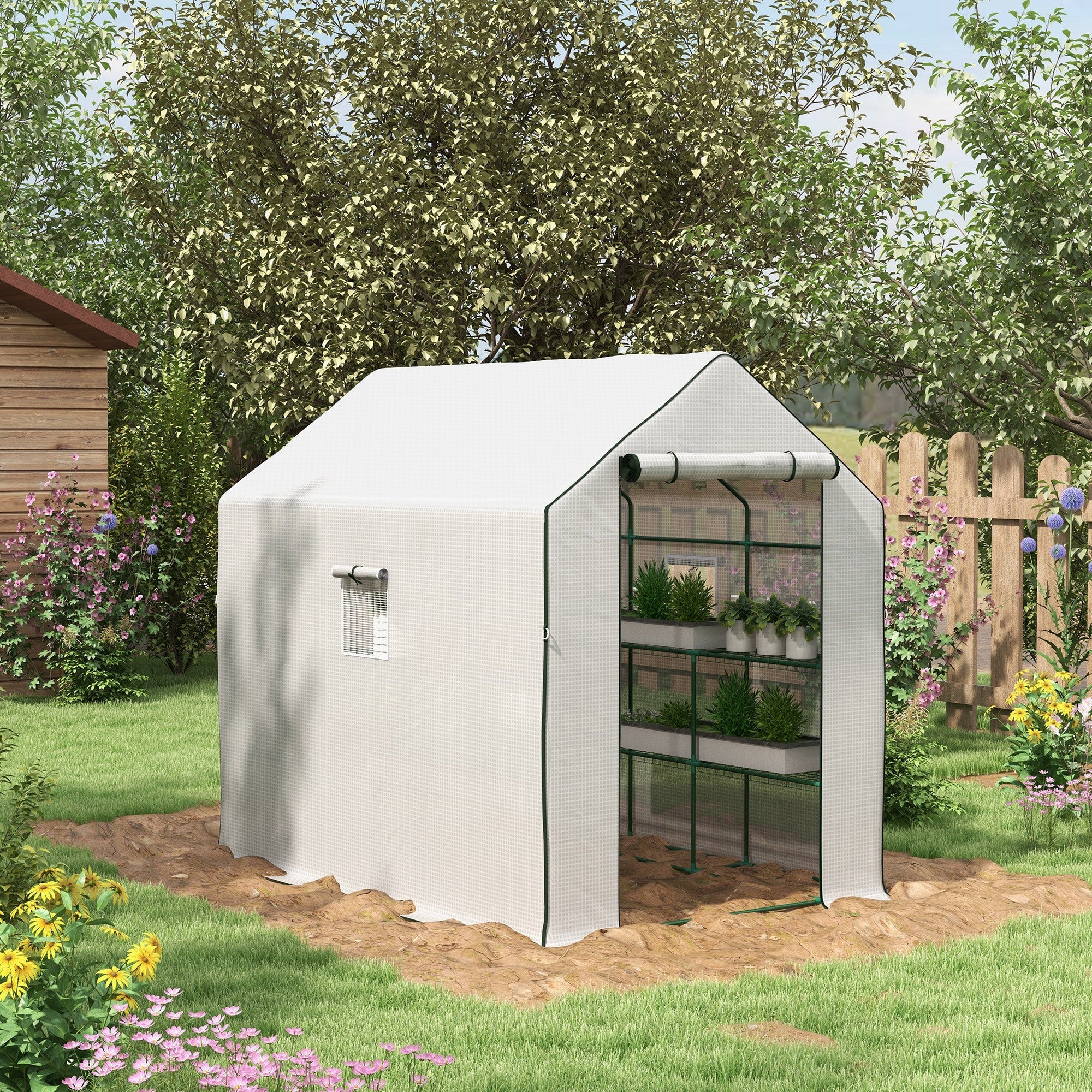 Walk-in Greenhouse w/ 3 Tier Shelves, Green House Garden Grow House w/ PE Cover, Roll-up Door, Mesh Windows, 140 x 213 x 190cm, White-1