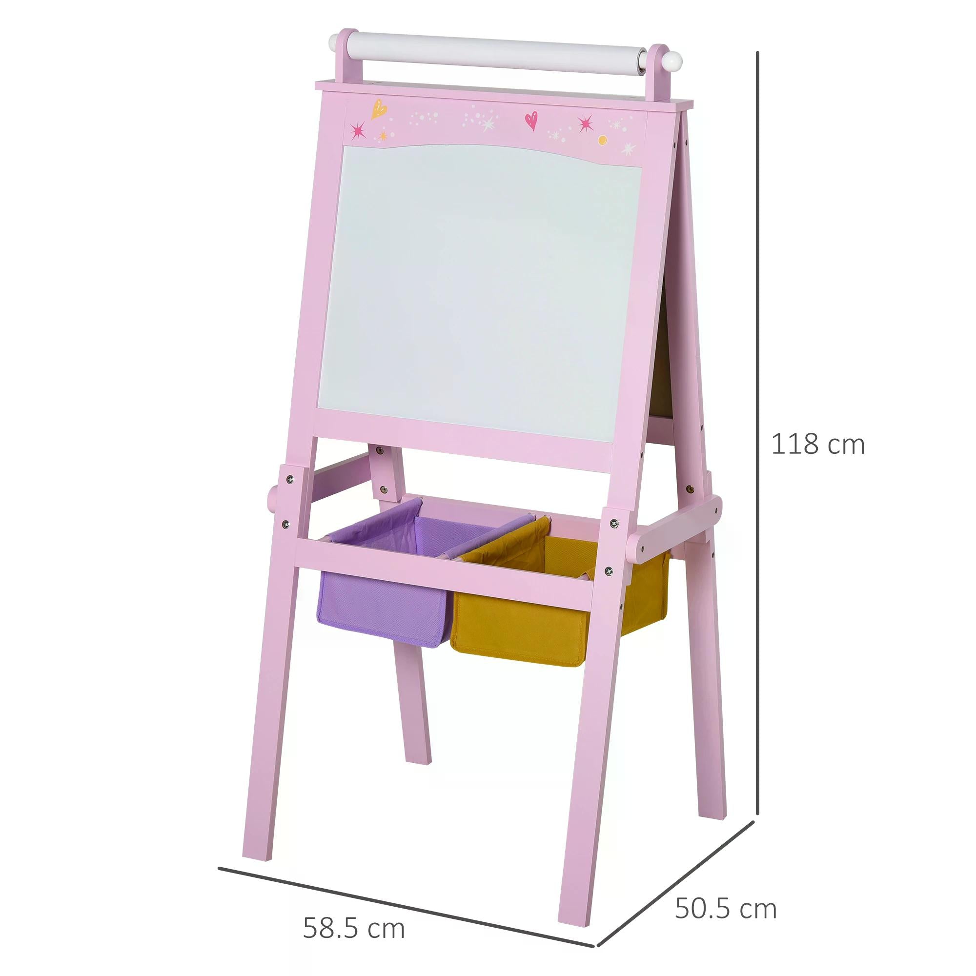 3 In 1 Kids Wooden Art Easel with Paper Roll Double-Sided Chalkboard & Whiteboard with Storage Baskets Gift for Toddler Girl Age 3 Years+ Pink-2