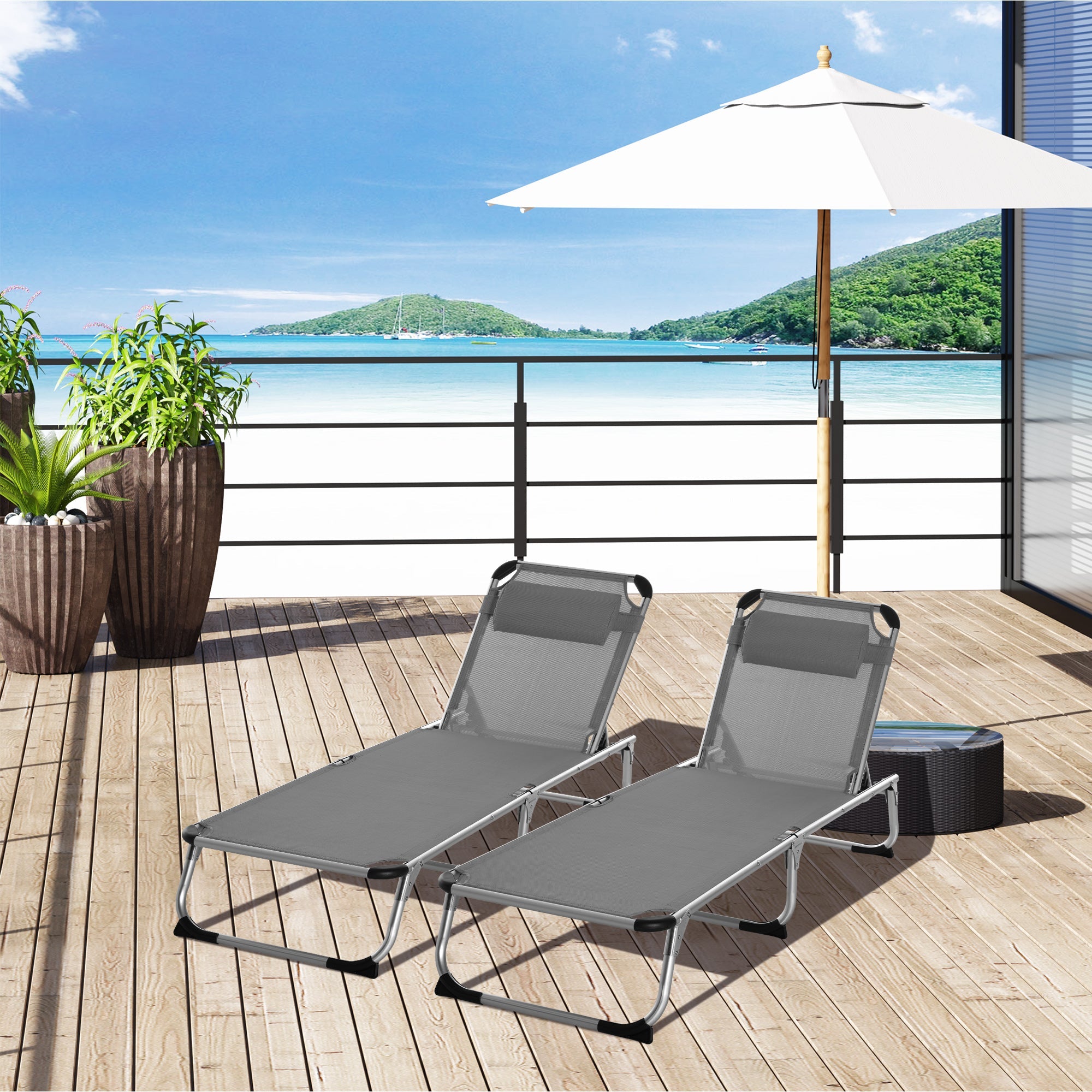 2 Pieces Foldable Sun Lounger with Pillow, 5-Level Adjustable Reclining Lounge Chair, Aluminium Frame Camping Bed Cot, Grey-1