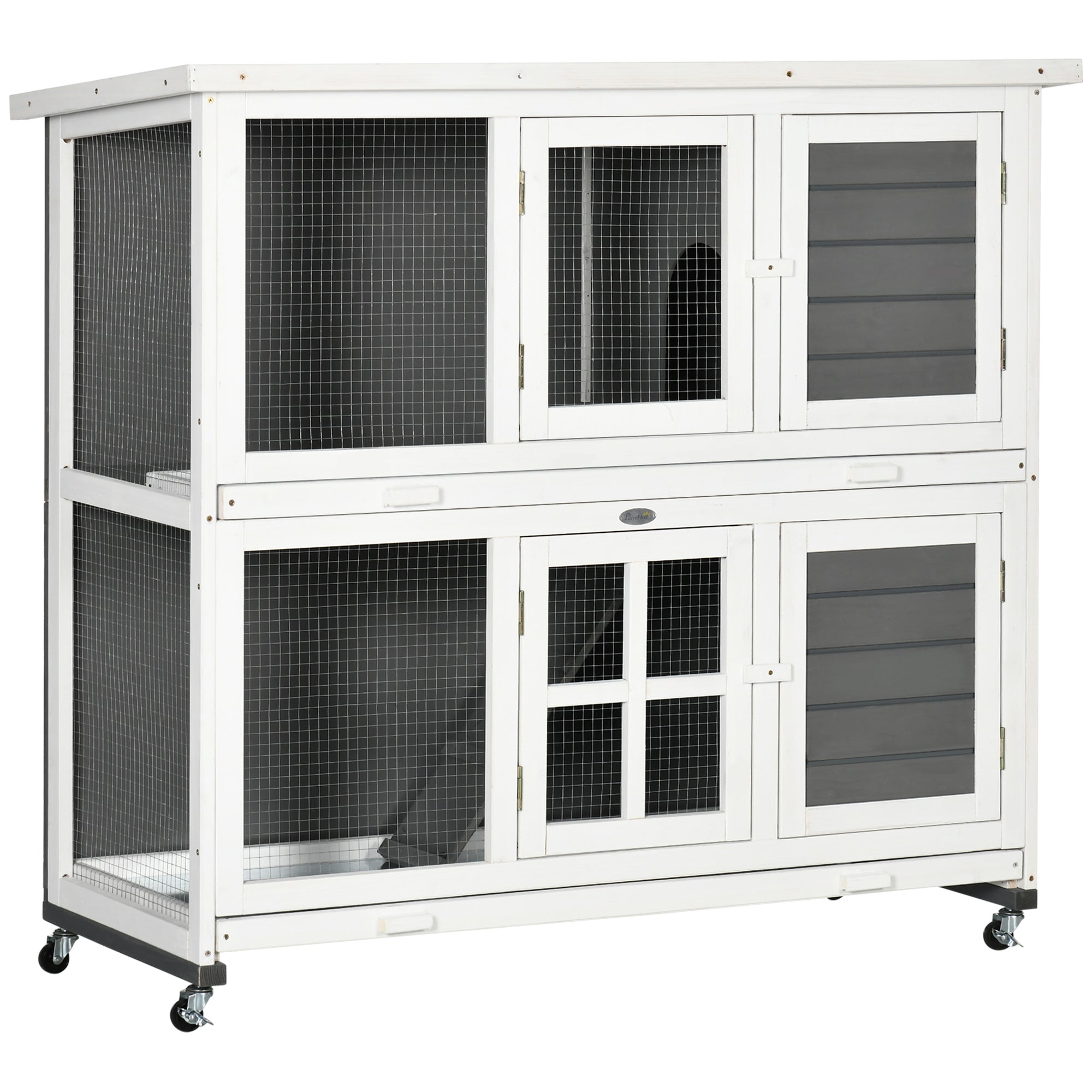 Wooden Rabbit Hutch with Wheels, Guinea Pig Cage, Small Animal House for Outdoor & Indoor with Slide-out Trays, 119 x 50.5 x 109cm, Grey-0