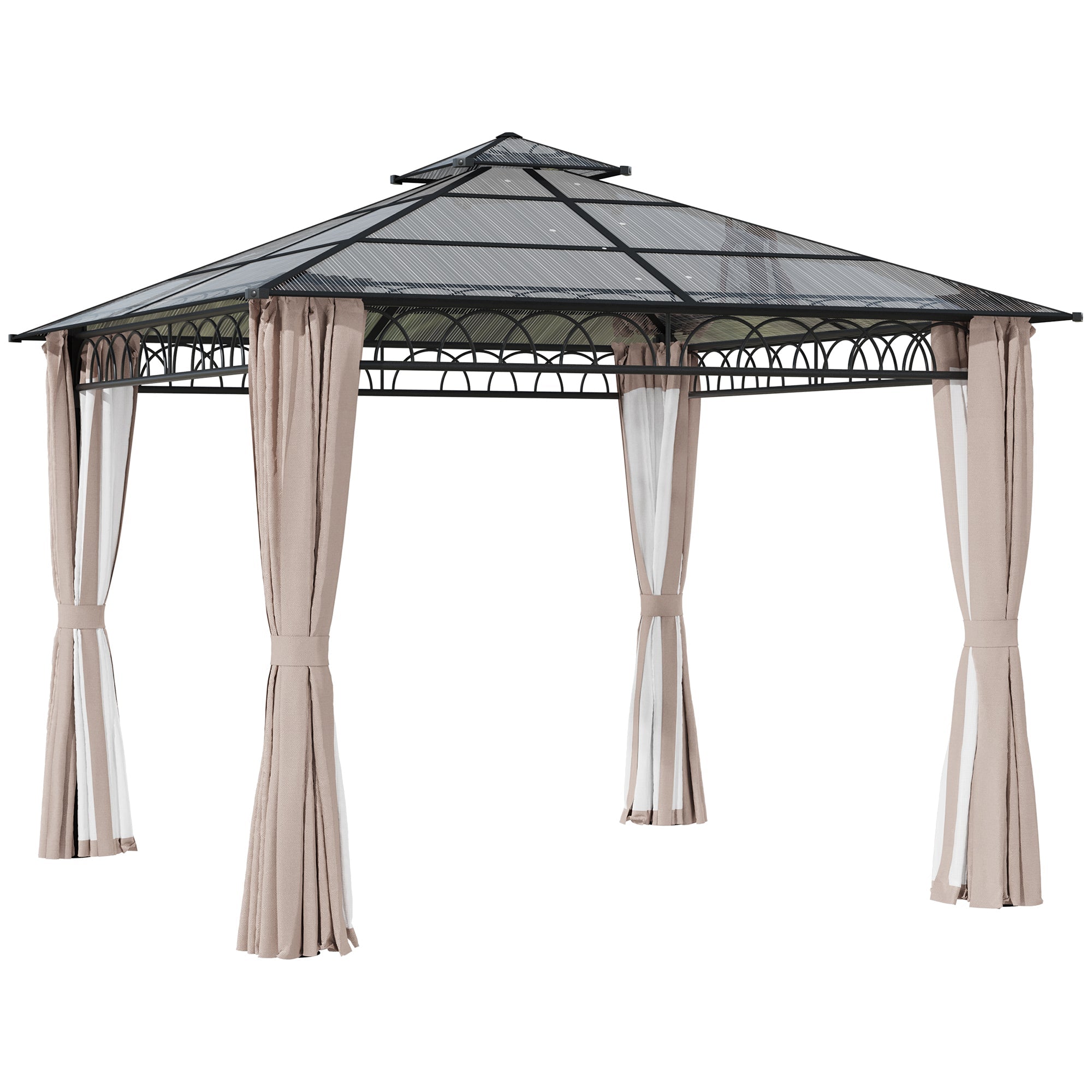 3 x 3 (m) Outdoor Polycarbonate Gazebo, Double Roof Hard Top Gazebo with Galvanized Steel Frame, Nettings & Curtains-0