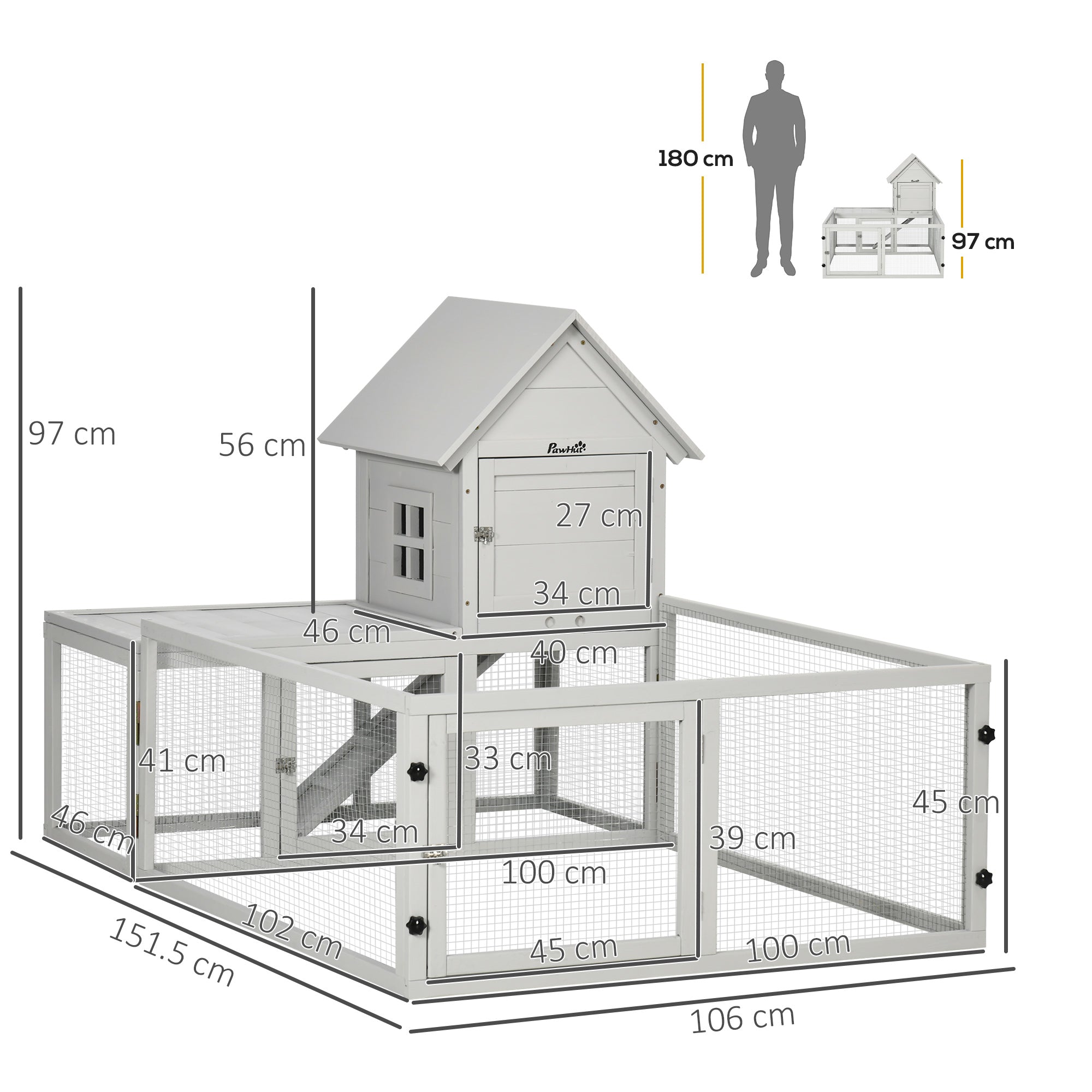 Wooden Rabbit Hutch with Extra Fenced Area, Large Guinea Pig Cage, Small Animal House for Indoor with Slide-out Tray, Light Grey-2