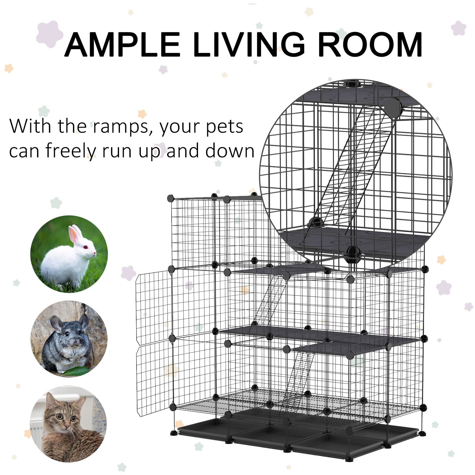 3 Level DIY Pet Playpen Metal Small Animal Cage Guinea Pig Rabbit Ferret Chinchillas Cage 4 Doors Bottom Trays Black-3