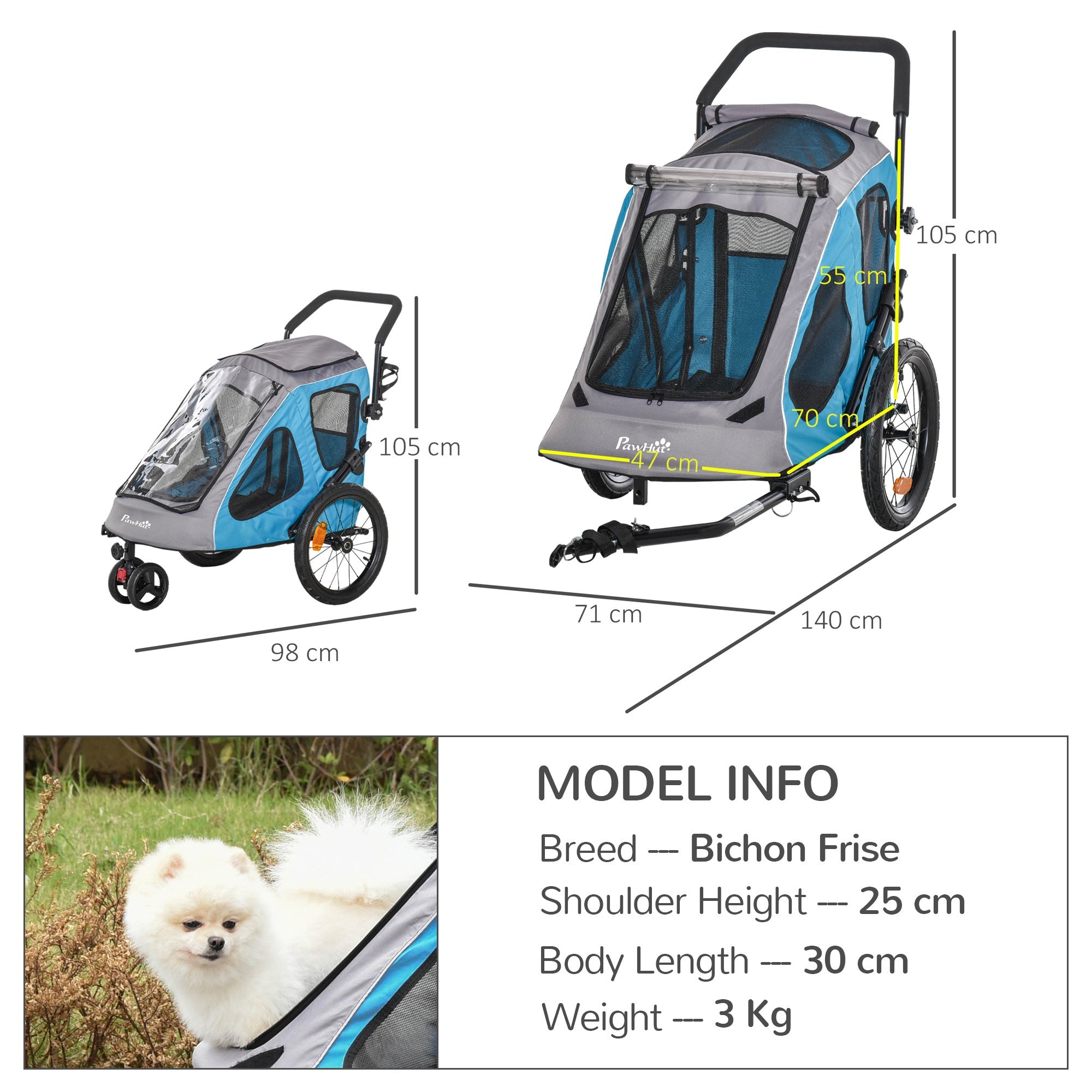 Dog Bike Trailer 2-IN-1 Steel Pet Cart Carrier for Bicycle with 360° Rotatable Front Wheel Reflectors Straps Cup Holder Water Resistant Blue-2