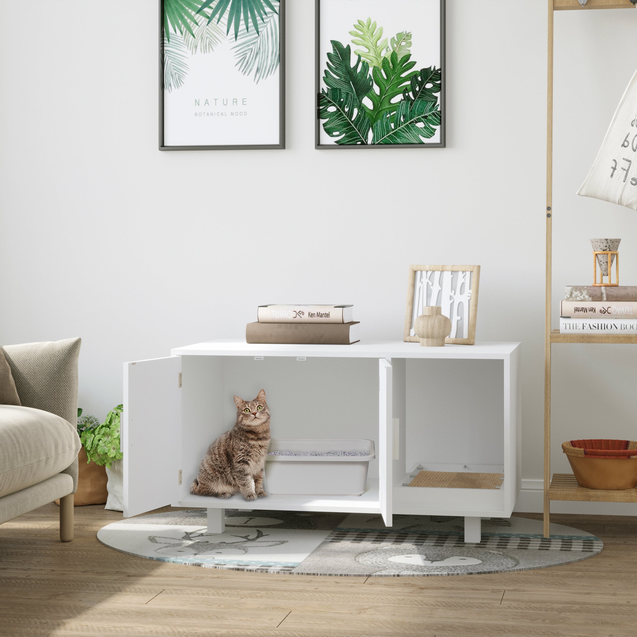 Wooden Cat Litter Box Enclosure & House with Nightstand/End Table Design, Scratcher, & Magnetic Doors, White-1