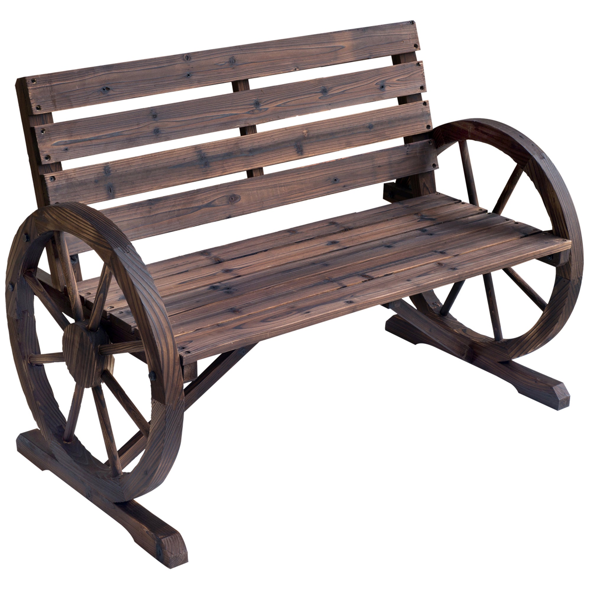 2 Seater Garden Bench with Wooden Cart Wagon Wheel Rustic High Back Brown-0