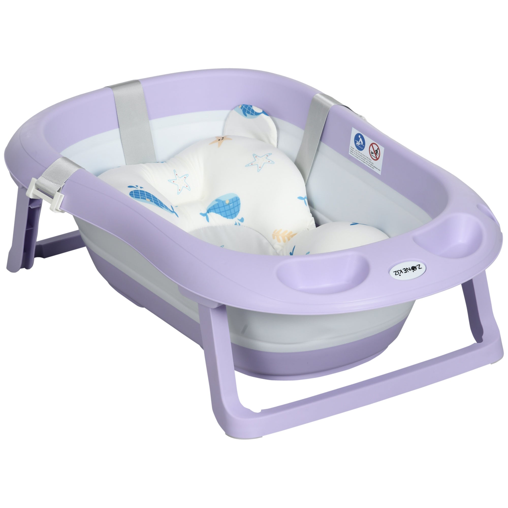 Foldable Baby Bath Tub, Bath Tub with Non-Slip Support, Cushion Pad, Drain Plugs, Shower Head Holder, for Newborn to 6 Years - Purple-0