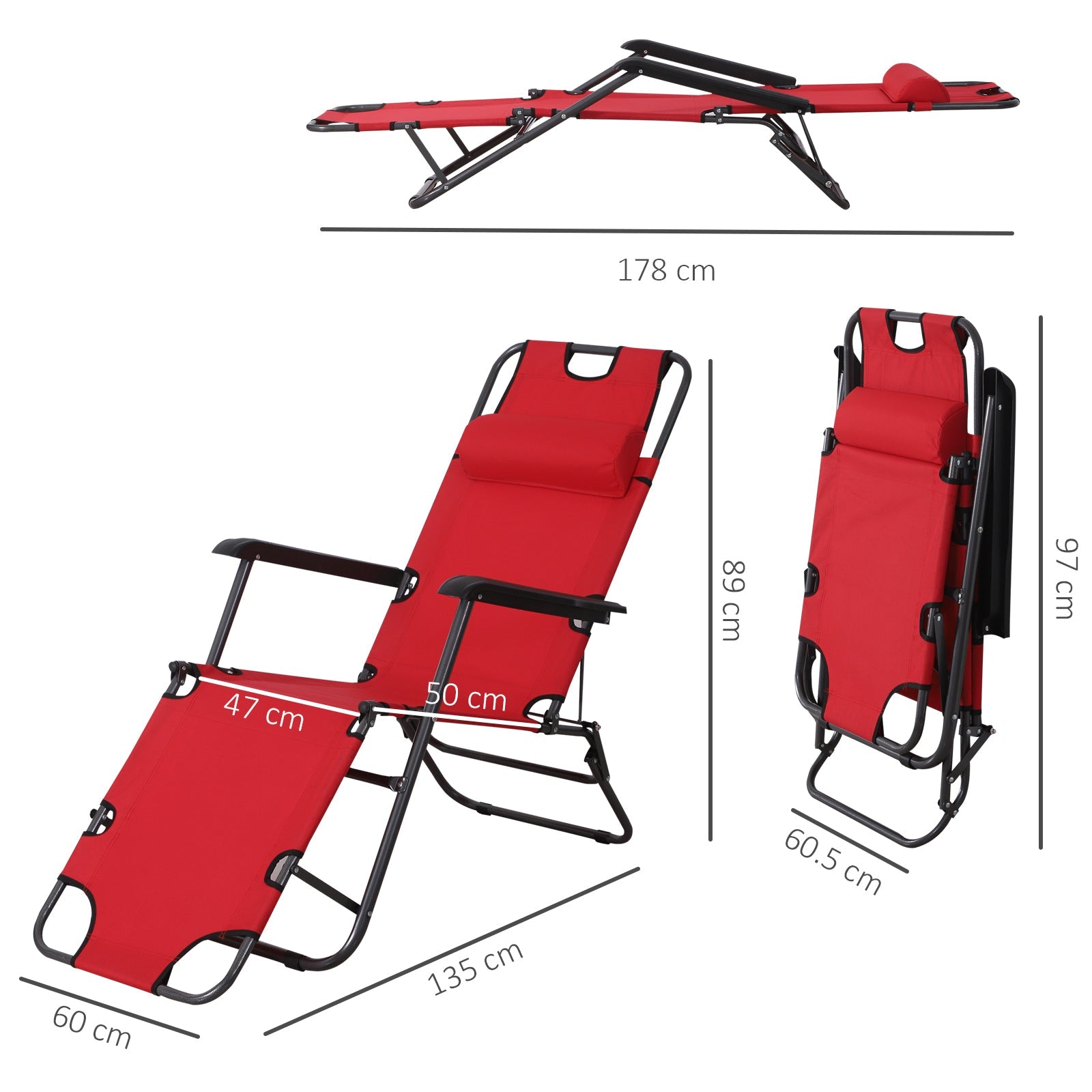 2 in 1 Sun Lounger Folding Reclining Chair Garden Outdoor Camping Adjustable Back with Pillow (Red)-2