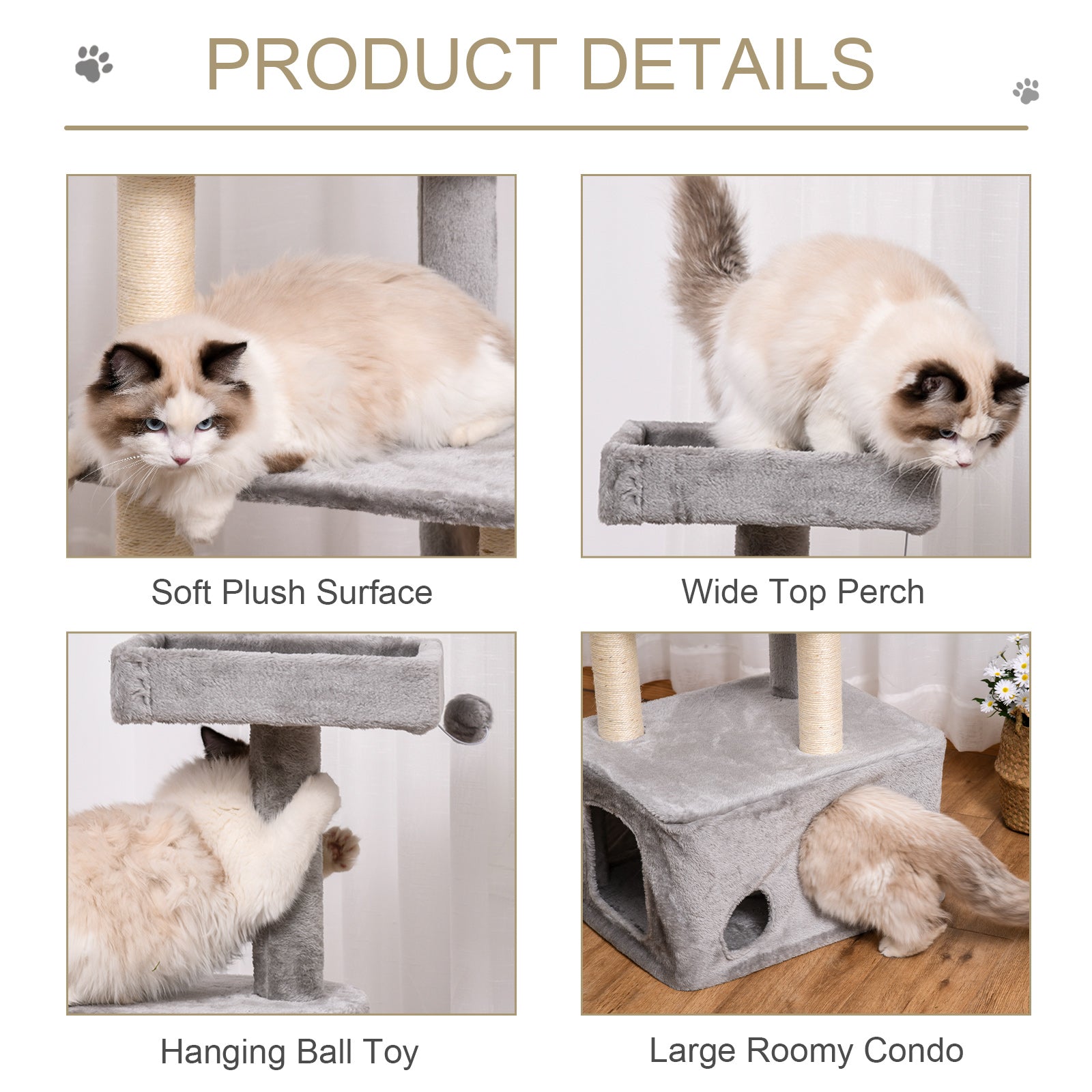 Cat Tree Kitten Tower 4-level Activity Centre Pet Furniture with Sisal Scratching Post Condo Plush Perches Hanging Ball Toys Grey-3