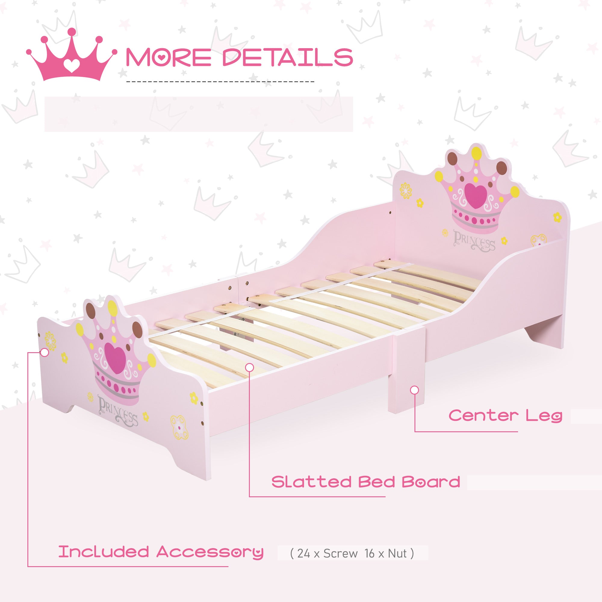 Kids Wooden Bed with Crown Modeling Safety Side Rails Easy to Clean Perfect Gift for Toddlers Girls Age 3 to 6 Years Old Pink-3