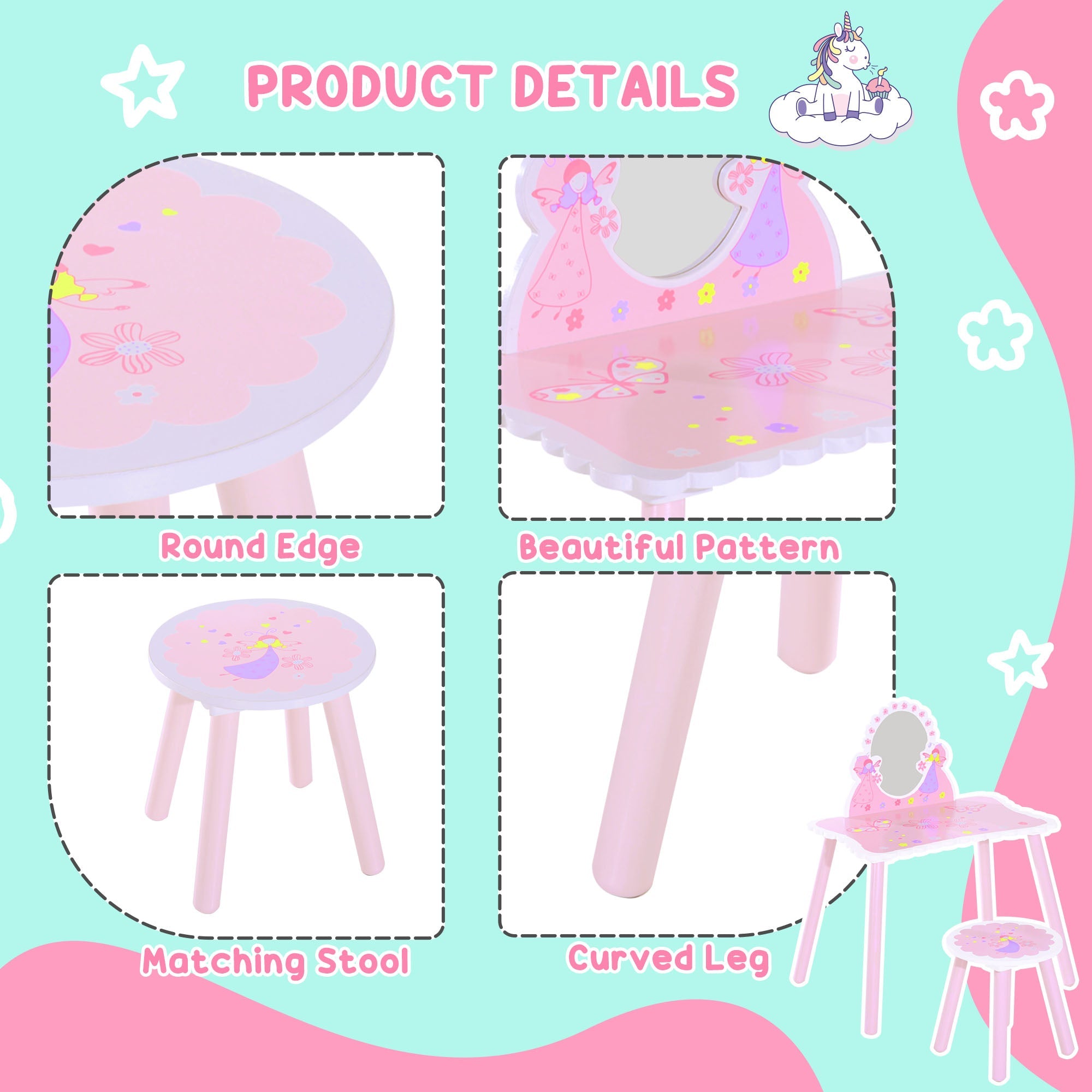 Kids Dressing Table Girls Pink Wooden Kids Dressing Table & Stool Make Up Desk Chair Toys Fairy Dresser Play Set w/Mirror-4