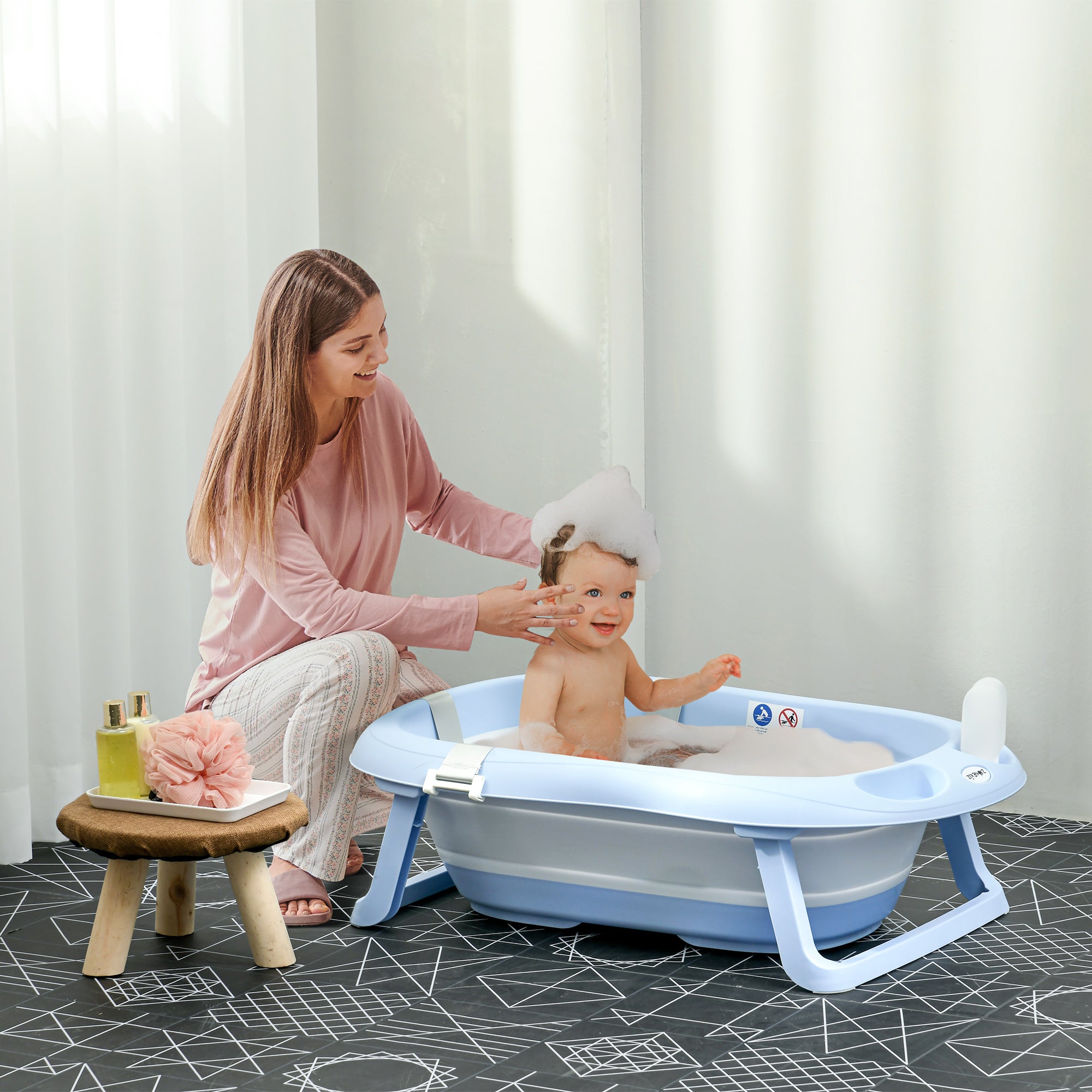 Foldable Baby Bath Tub, Bath Tub with Non-Slip Support, Cushion Pad, Drain Plugs, Shower Head Holder, for Newborn to 6 Years - Blue-1