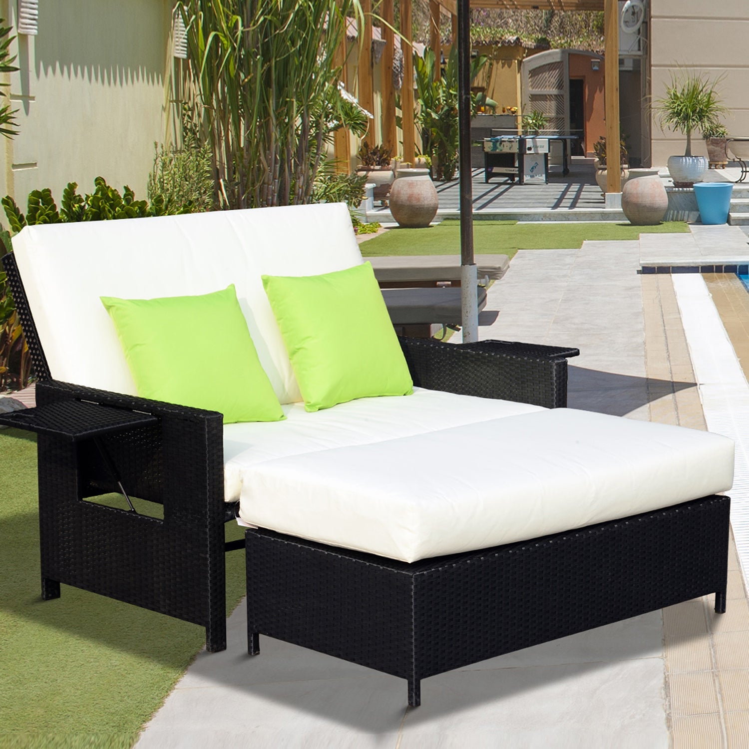 2 Seater Assembled Garden Patio Outdoor Rattan Furniture Sofa Sun Lounger Daybed with Fire Retardant Sponge - Black-1