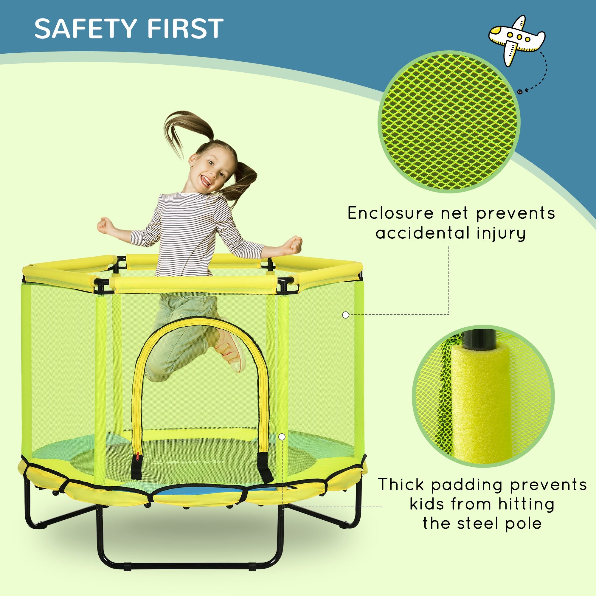 140 cm Kids Trampoline, Hexagon Indoor Bouncer Jumper with Security Enclosure Net, Bungee Gym for Children 1-6 Years Old, Yellow-3