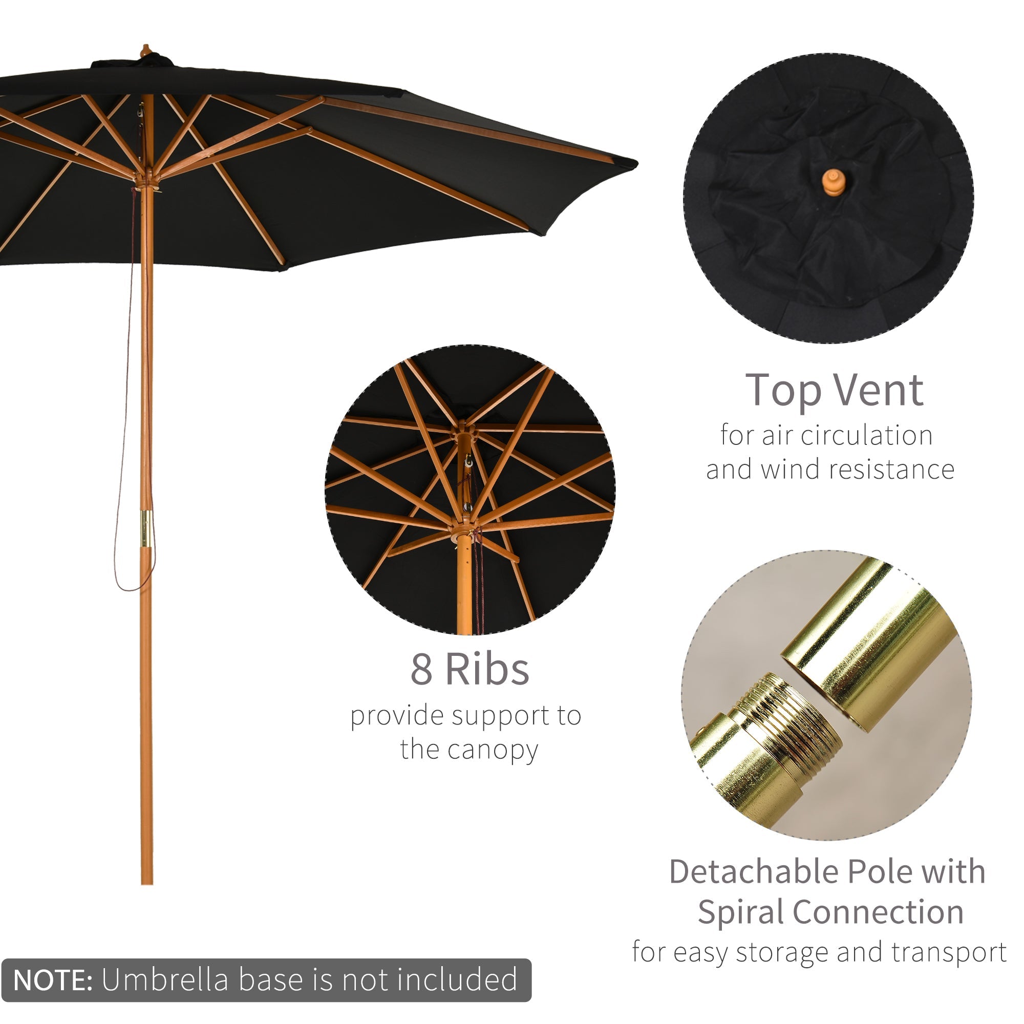 ⌀3m Bamboo Wooden Market Patio Umbrella Garden Parasol Outdoor Sunshade Canopy, 8-ribs,Black-3