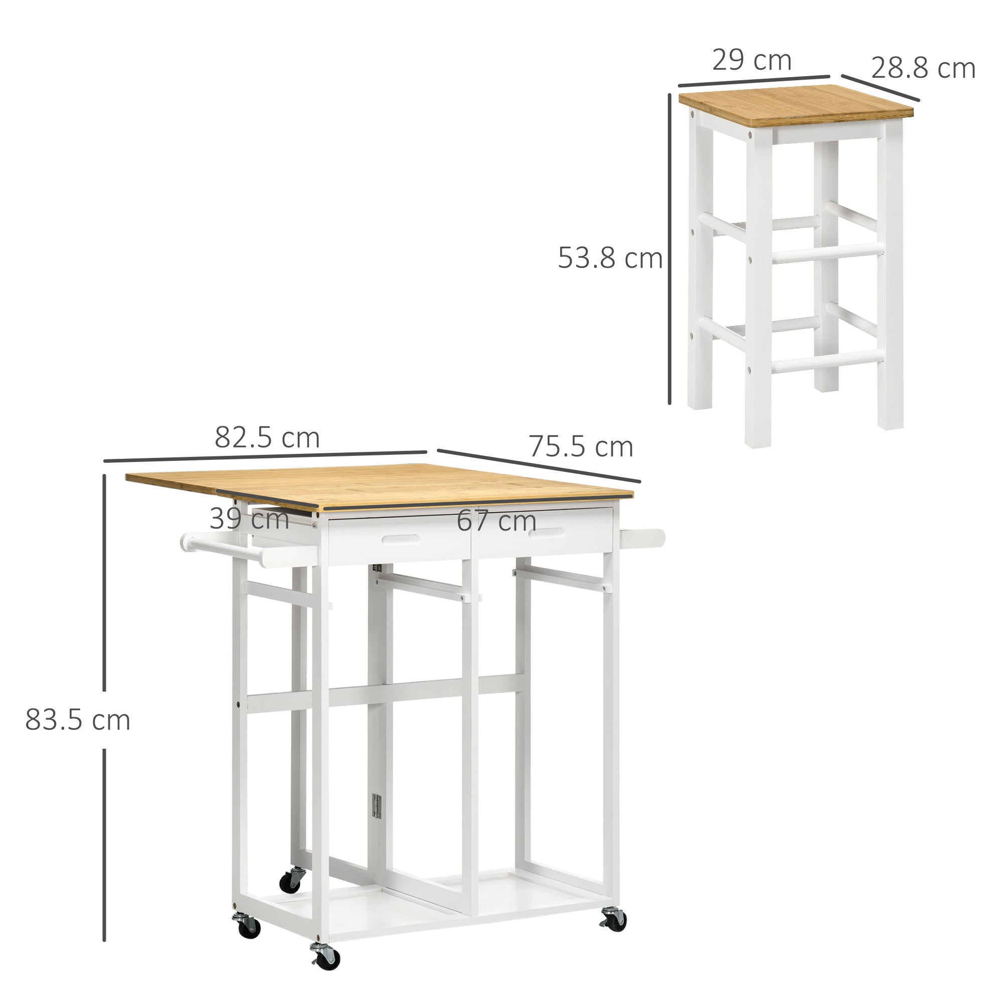 Kitchen Island Set with 2 Stools, Bamboo Breakfast Cart with Drop Leaf Top, Drawers and Towel Rack, Rolling Kitchen Cart and Chairs Set, White-2