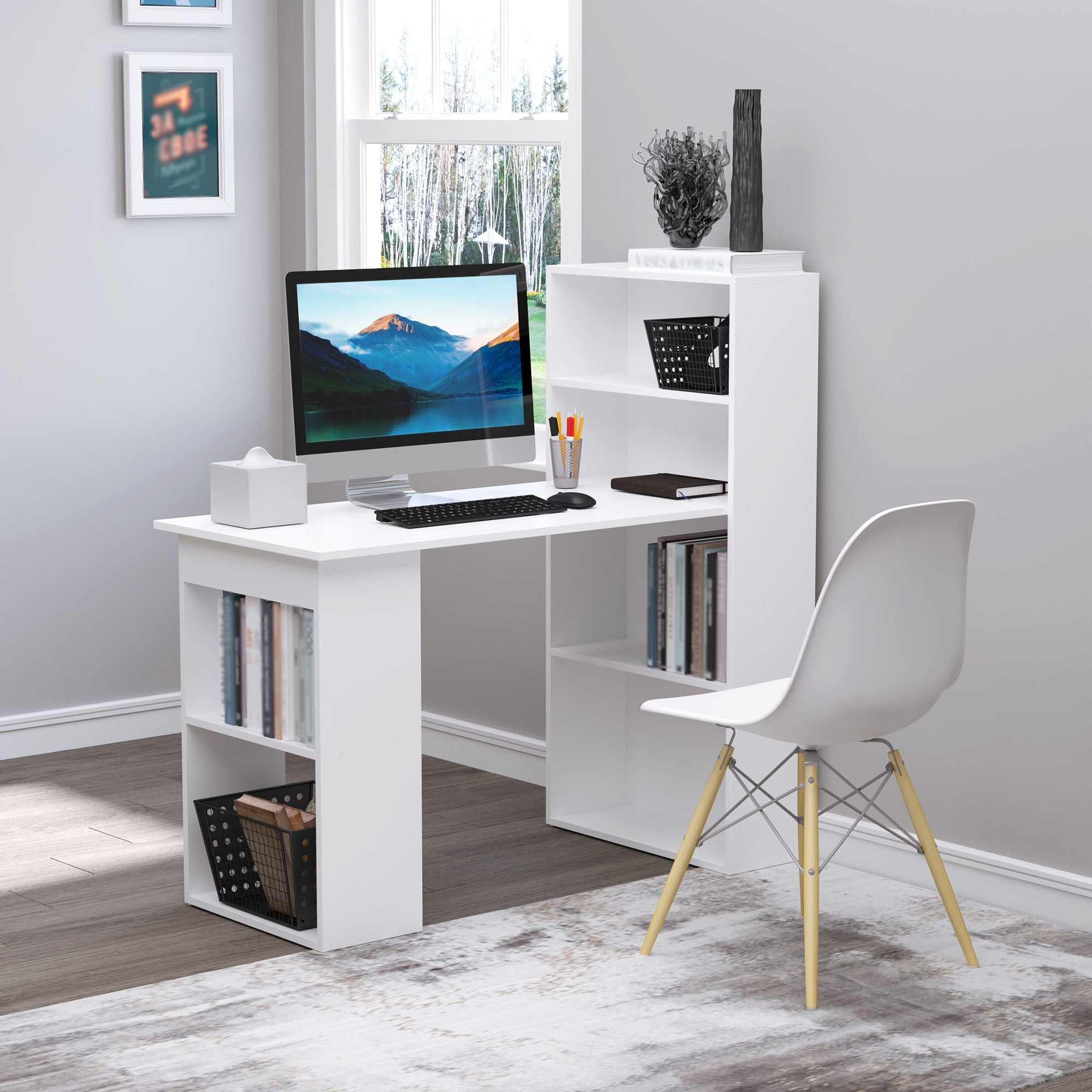 120cm Modern Computer Desk Bookshelf Writing Table Workstation PC Laptop Study Home Office 6 Shelves White-1