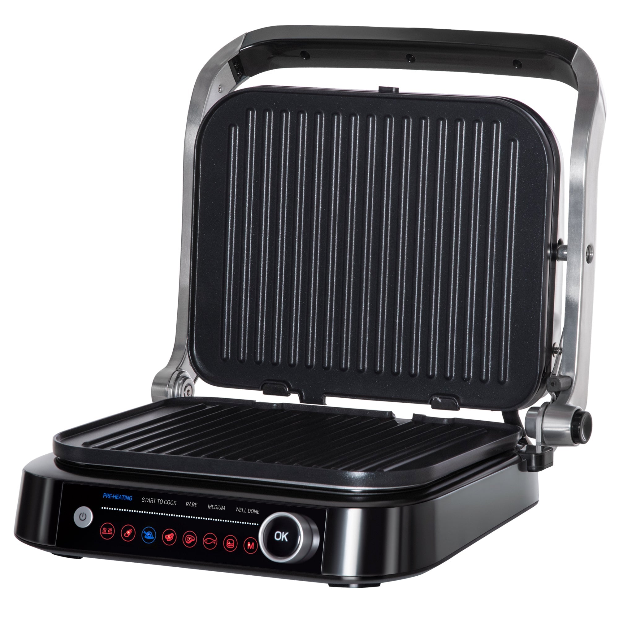 Health Grill & Panini Press, 2100W Electric Non-stick Grill with 180° Flat Open, Drip Tray, Removable Plate, Spatula and 8 Automatic Settings-1