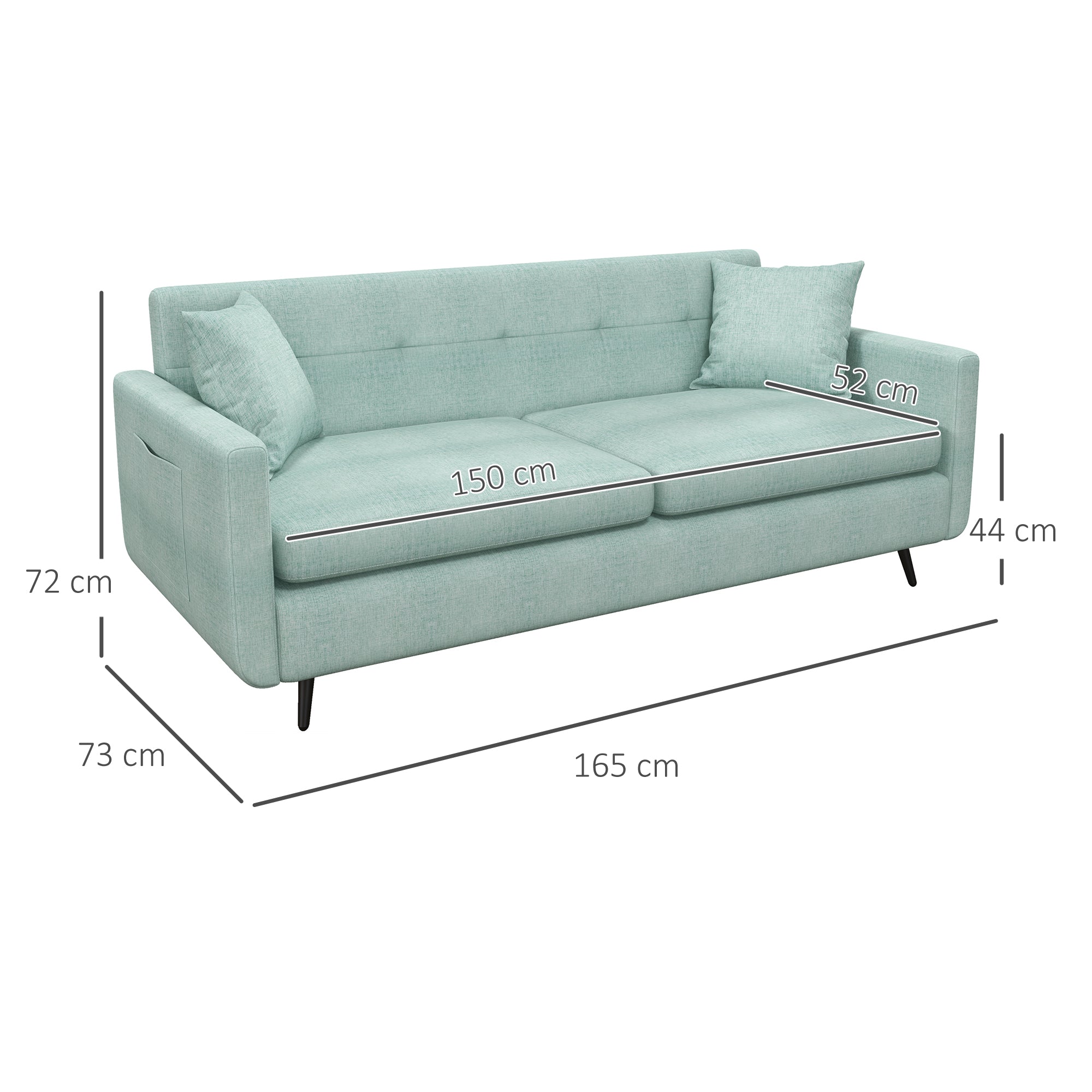 165cm 2 Seater Sofa for Living Room, Modern Fabric Couch, Tufted Loveseat Sofa Settee w/ Steel Legs, 2 Storage Pockets, Blue-2