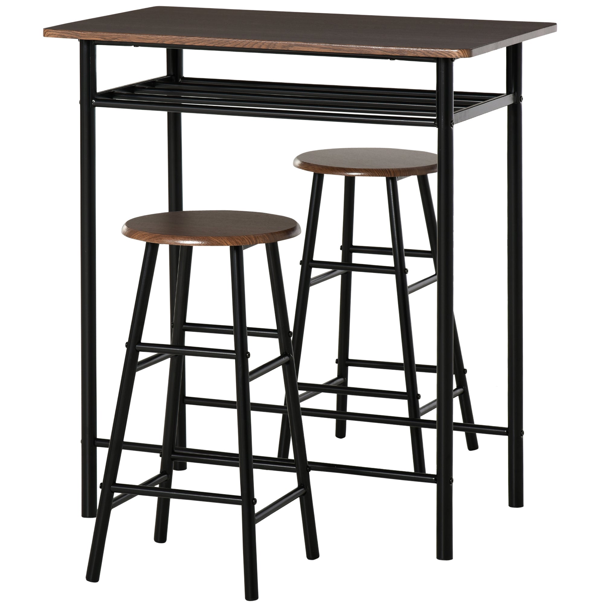 Bar Table Set, Bar Set-1 Bar Table and 2 Stools with Metal Frame Footrest and Storage Shelf, for Kitchen, Dining Room, Pub, Cafe, Black and Oak-0